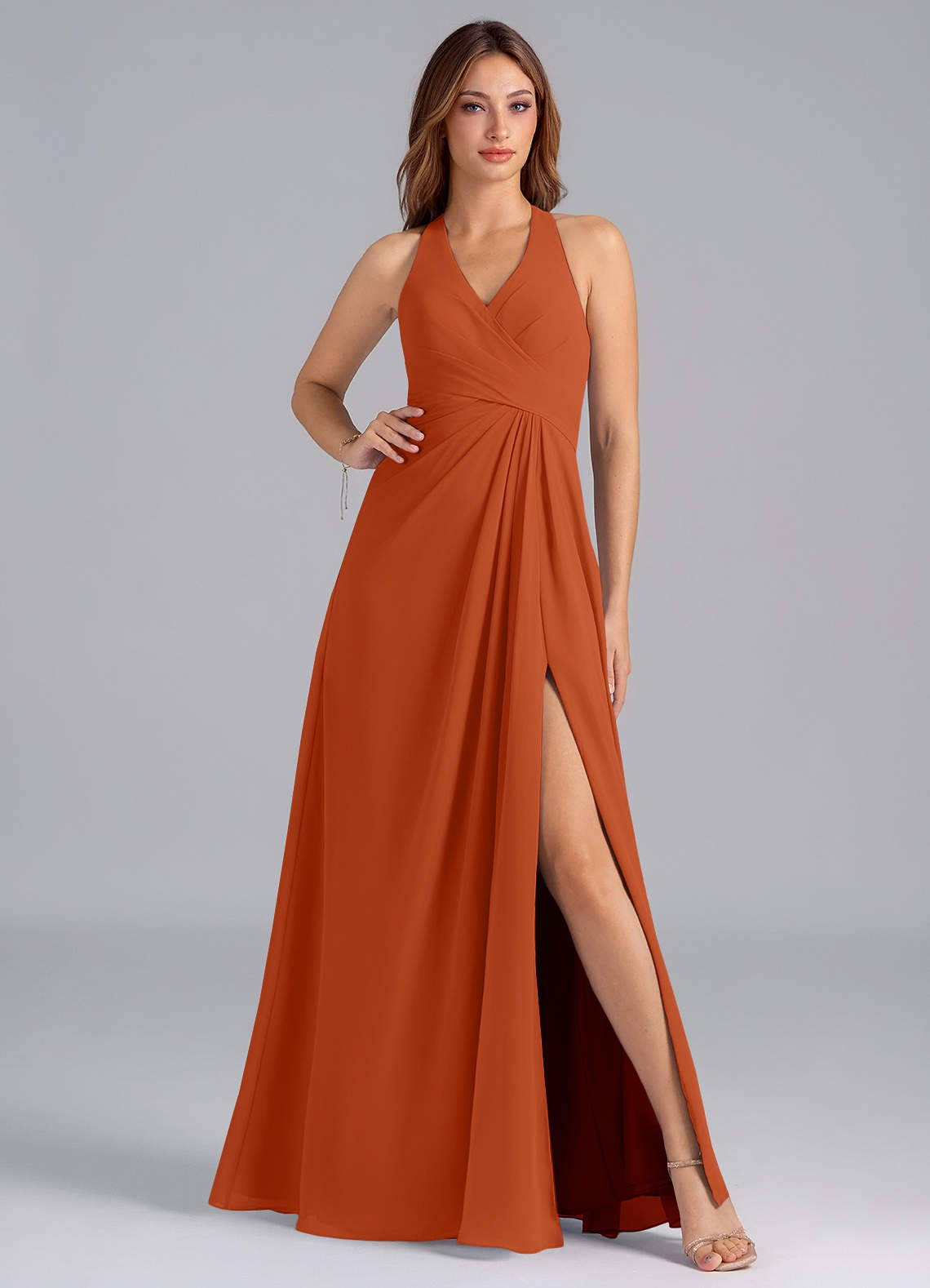 Azazie Dorota Bridesmaid Dresses Burnt Orange A-Line Pleated Chiffon Dress image1