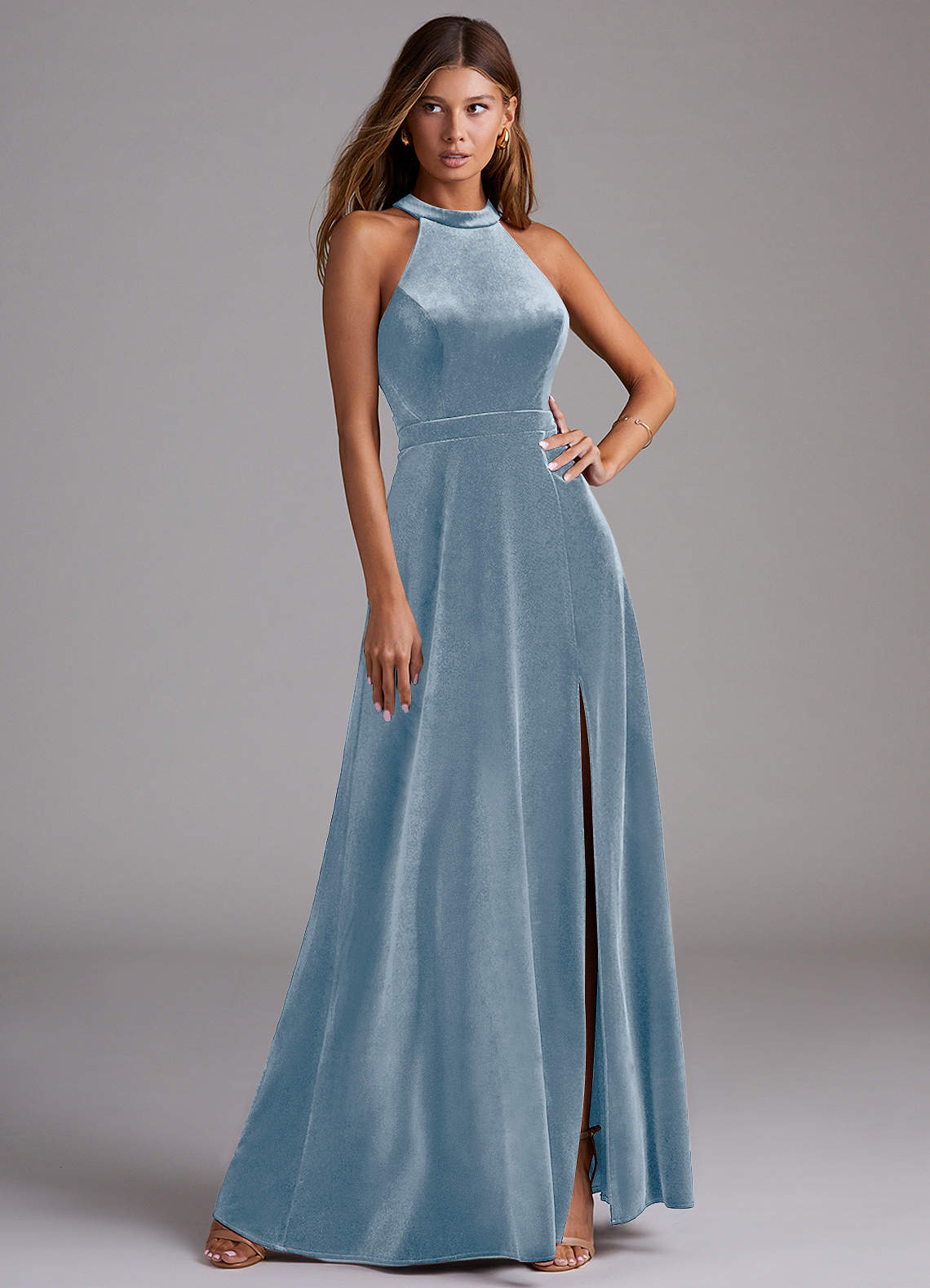 Azazie Clarice Bridesmaid Dresses Dusty Blue A-Line Side Slit Velvet Dress image1