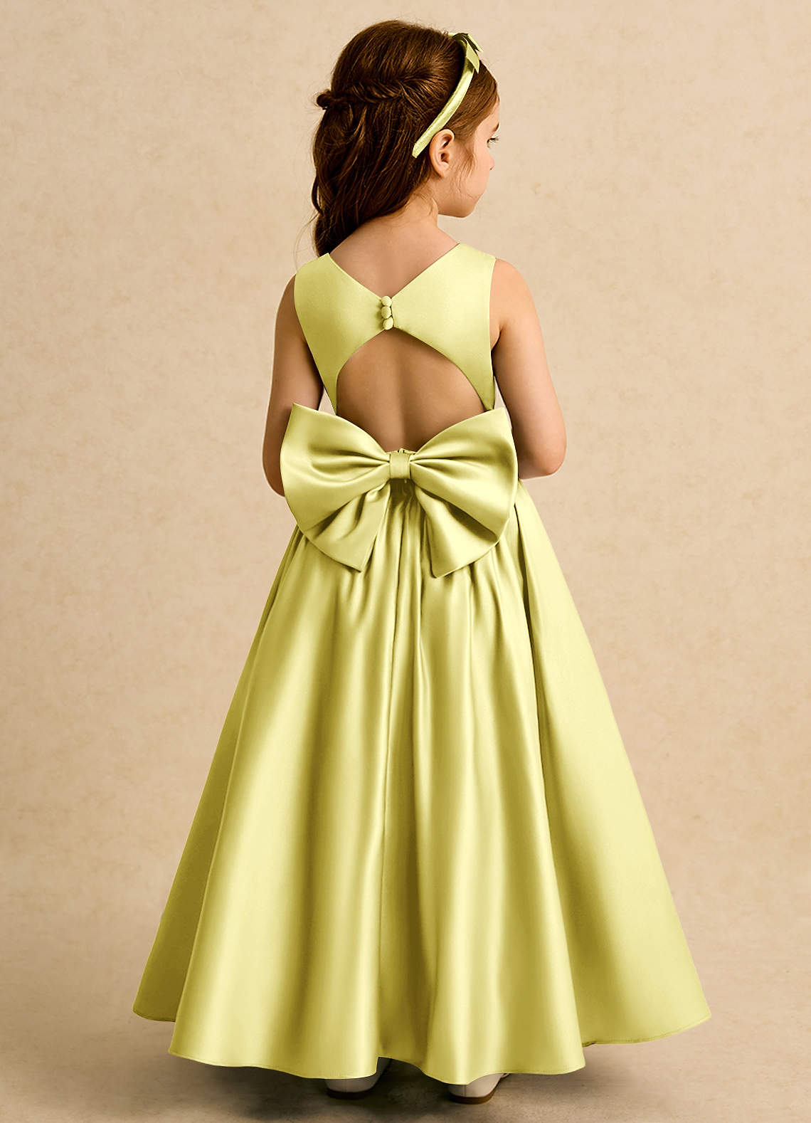 Azazie Nellia Robe Demoiselle D'honneur Fillette Robe Trapèze en Mat Satiné Arc Sorbet Citron image1