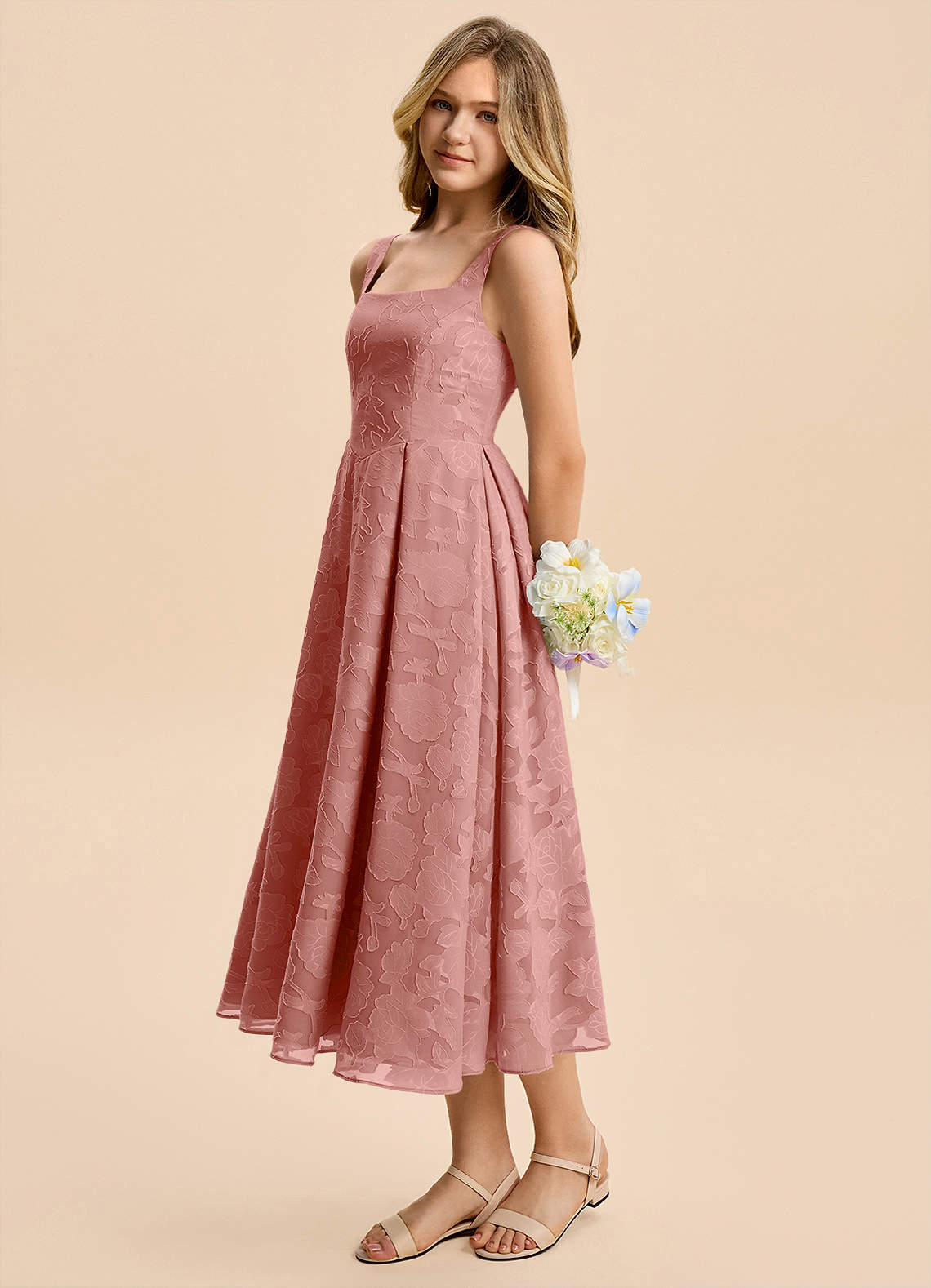 Azazie Amalie Junior Rosette A-Line Ruched Floral Burnout Dress image4