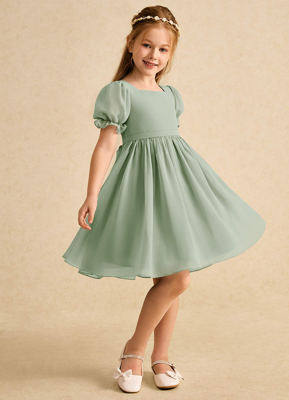 Azazie Jolie Flower Girl Klänningar Klänning A-Line i Chiffong med ärmar image1