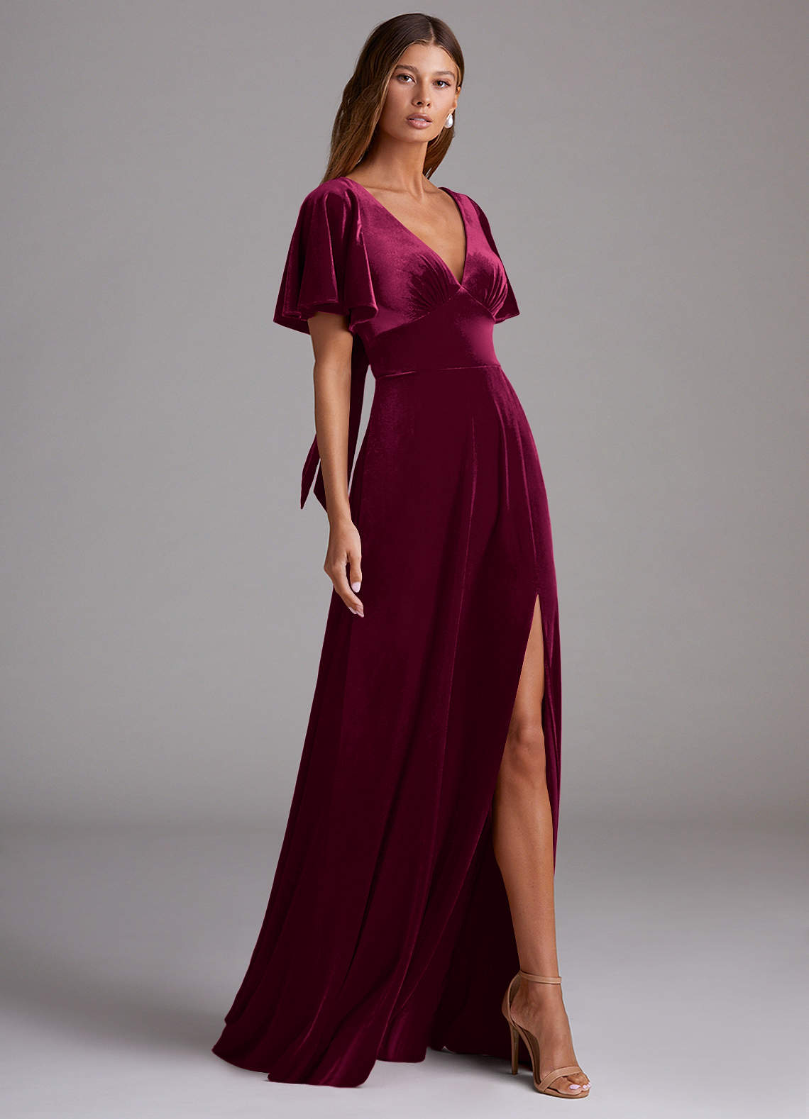 Azazie Kimber Bridesmaid Dresses Cabernet A-Line with Pockets Velvet Dress image2