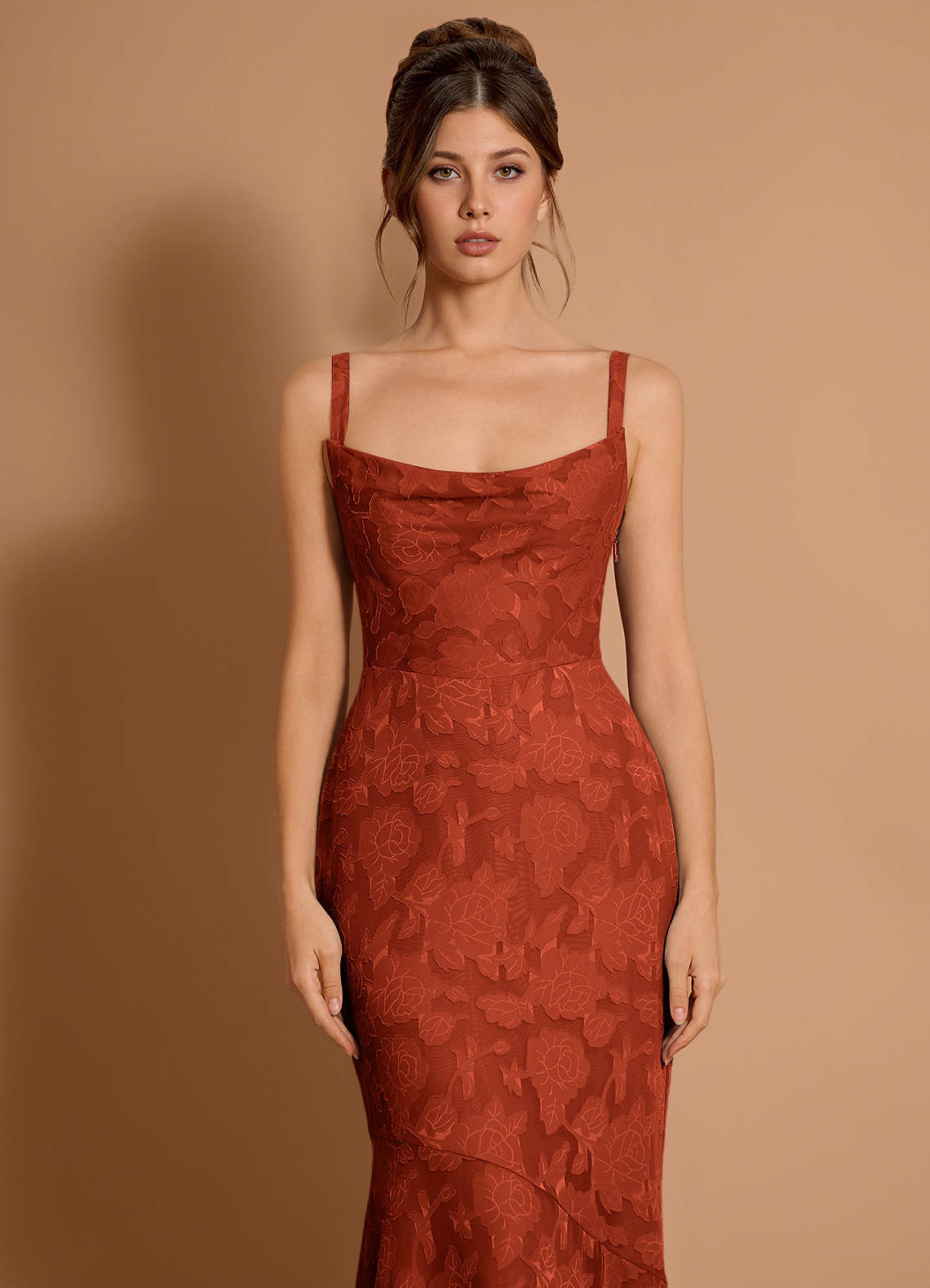 Azazie Floor-Length Maxi Dresses Mermaid Wedding Guest Formal Dresses Cowl Auburn