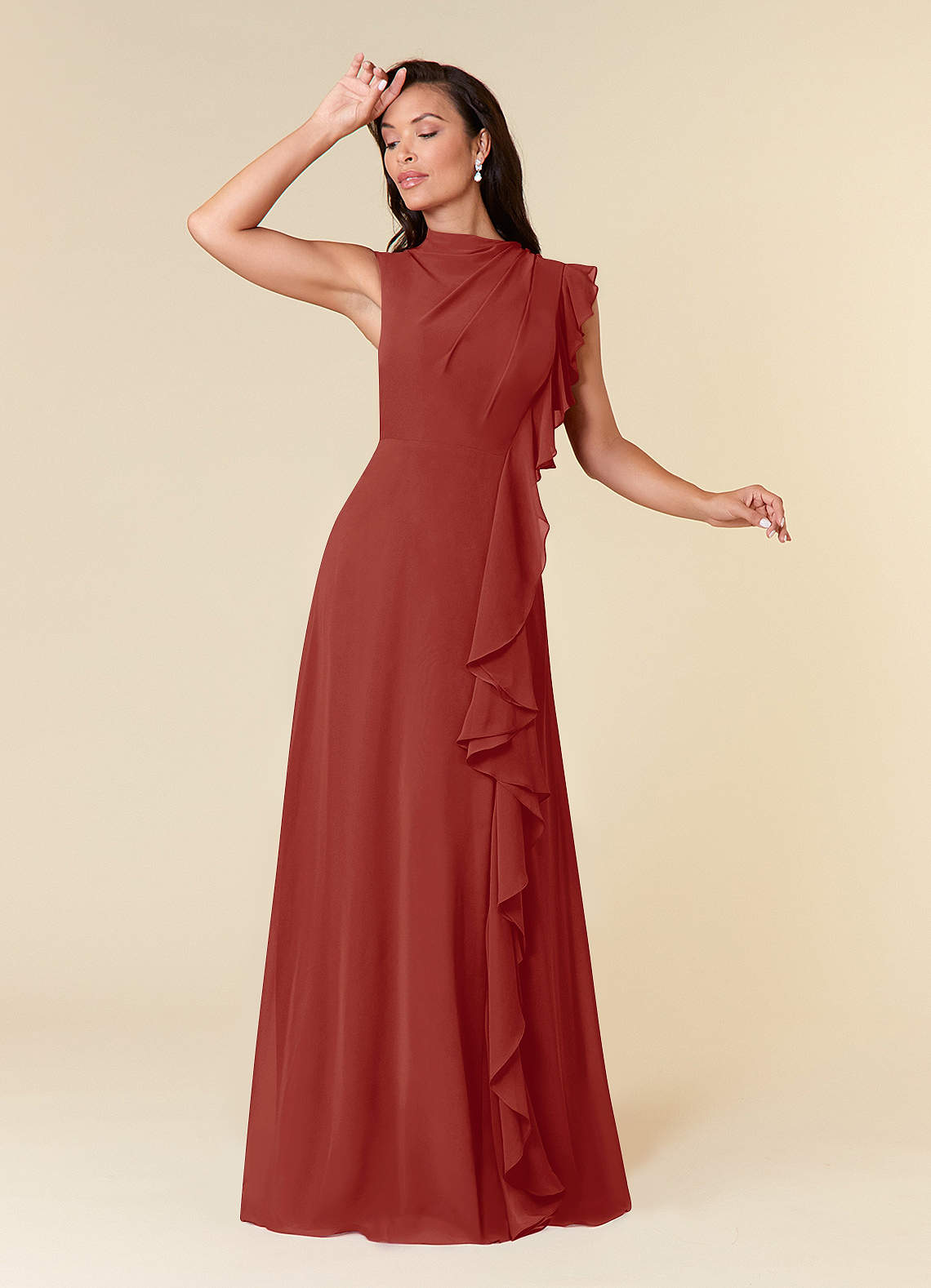 Azazie Narine Terracotta A-Line High Neckline Pleated Chiffon Dress | Azazie