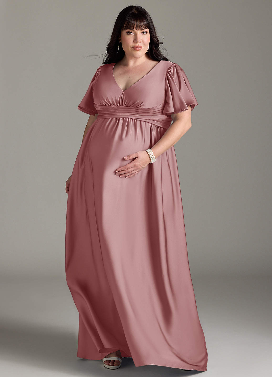Azazie Verna Maternity Bridesmaid Dresses A-Line Ruched Stretch Satin Floor-Length Dress image1