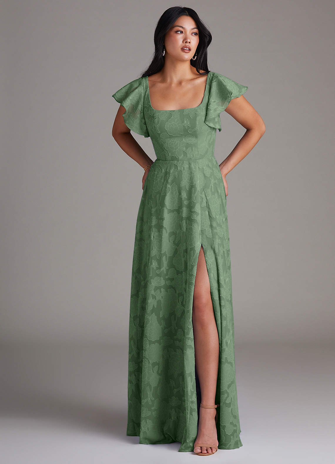 Azazie Bondi 신부 들러리 드레스 A라인 사이드 슬릿 플로럴 번아웃 바닥 길이 드레스 image3