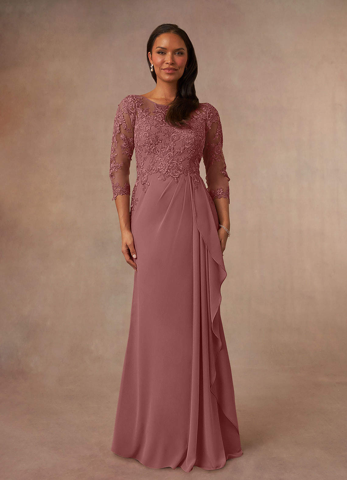 Azazie Plus Size A-Line/Princess Illusion Floor-Length Lace Mother of The Bride or Groom Dresses - Desert Rose