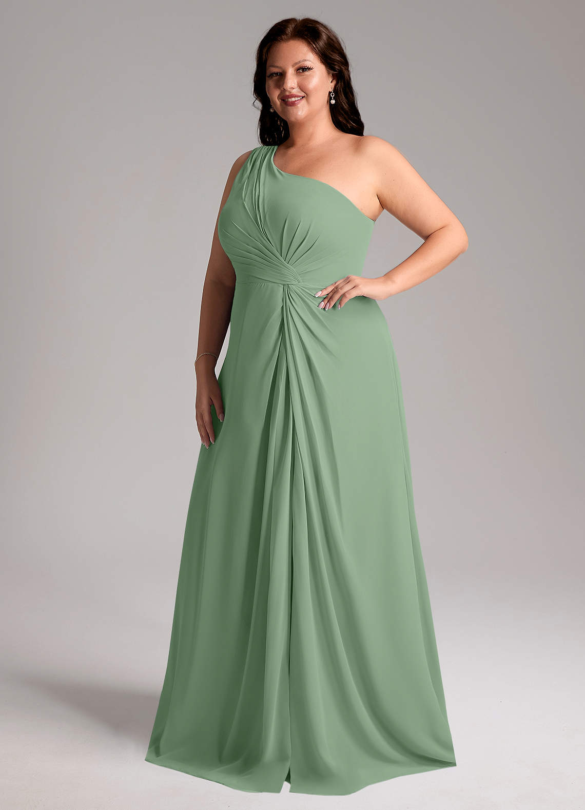 Azazie Brooke Bridesmaid Dresses Matcha A-Line One Shoulder Chiffon Dress image11