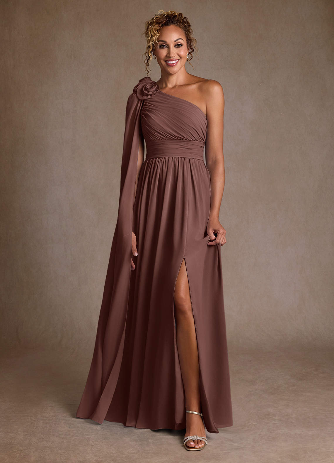 Azazie Lancaster Mère de la mariée Robes Robe Trapèze en Mousseline de soie Ue épaule Expresso image1
