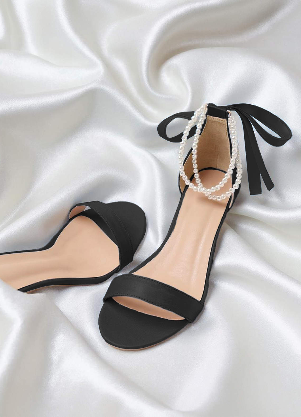 front Matching Color Matte Satin Pearl and Bow Open Toe Chunky Heel Sandals