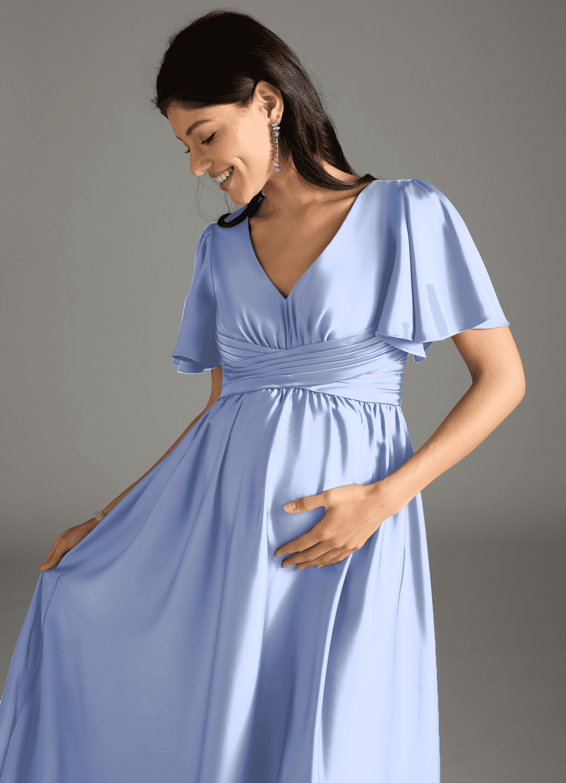 Azazie Verna Maternity Bridesmaid Dresses A-Line Ruched Stretch Satin Floor-Length Dress image1