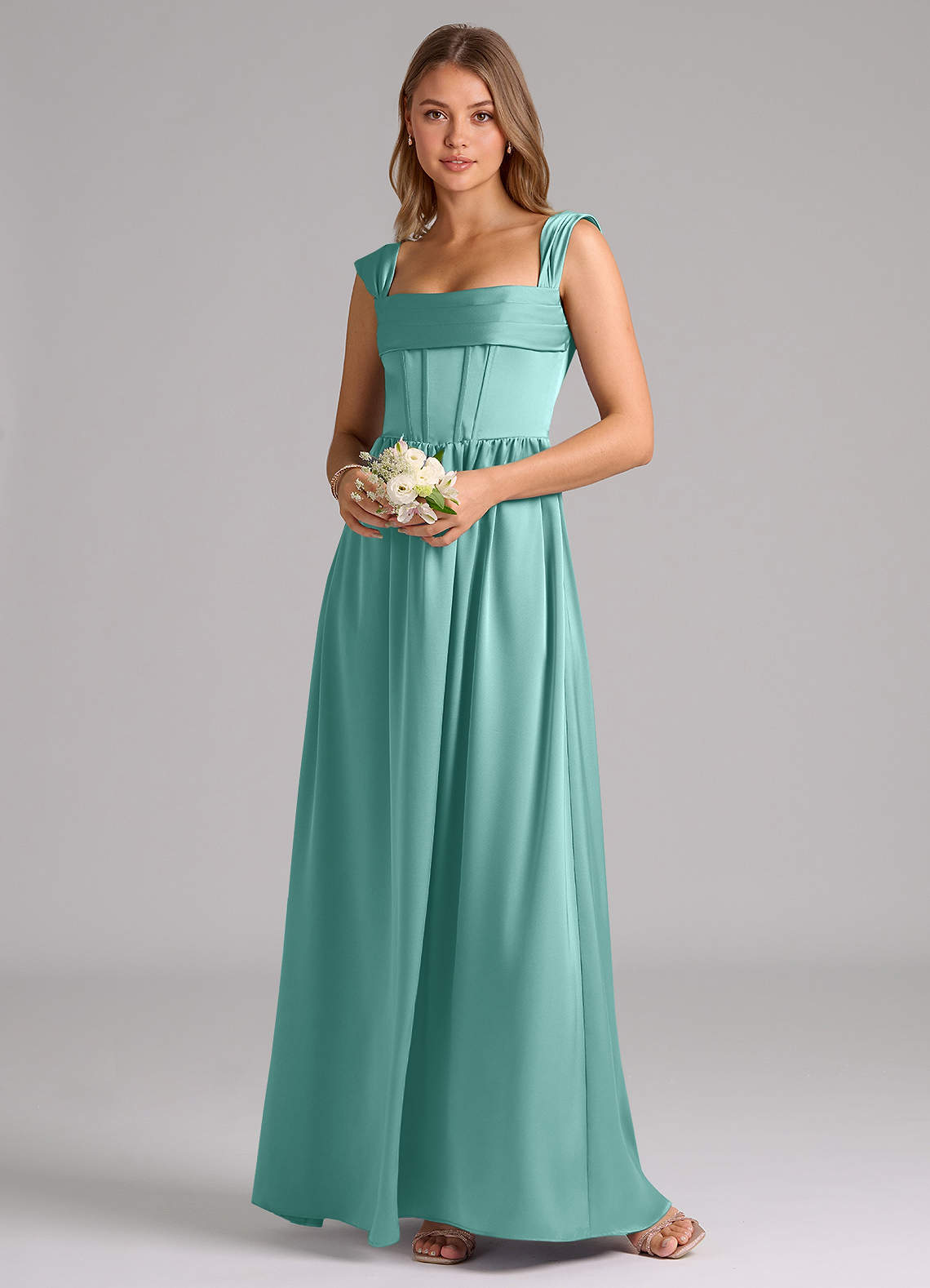 Azazie Hattie Robes de demoiselle d'honneur Robe Trapèze en Satin extensible Corset Aqua image1