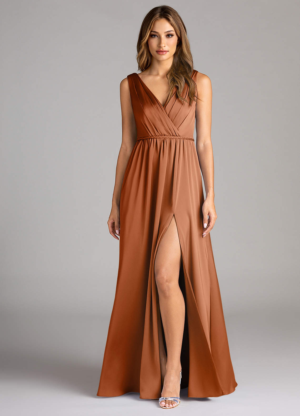 Azazie Tanicia Bridesmaid Dresses Copper A-Line Pleated Stretch Satin Dress image1
