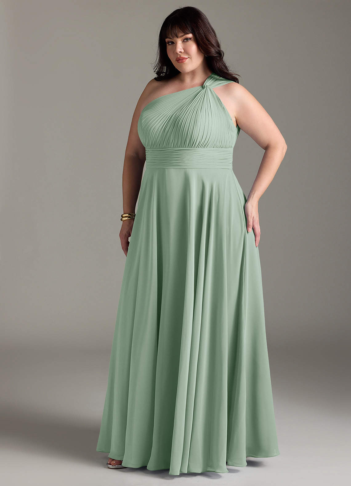 Azazie Charlize Bridesmaid Dresses Agave A-Line One Shoulder Chiffon Dress image10