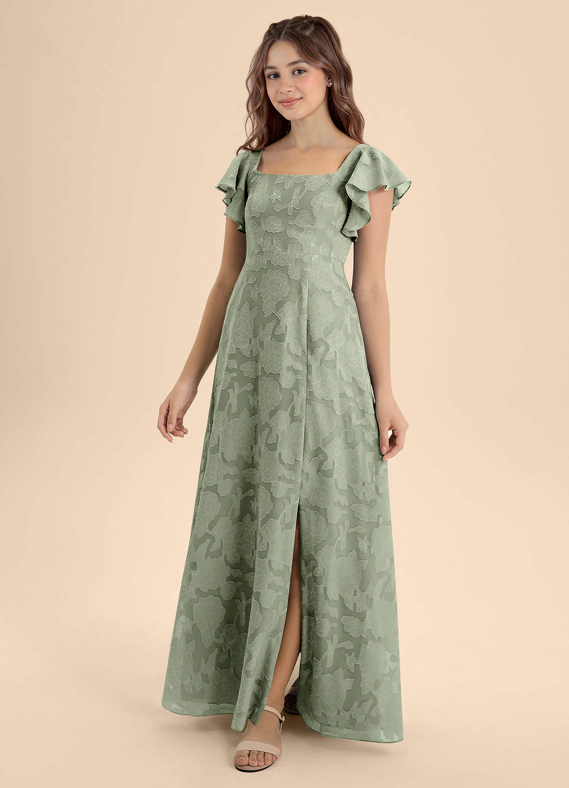 Azazie Bondi Junior Agave A-Line Bow Floral Burnout Dress image1
