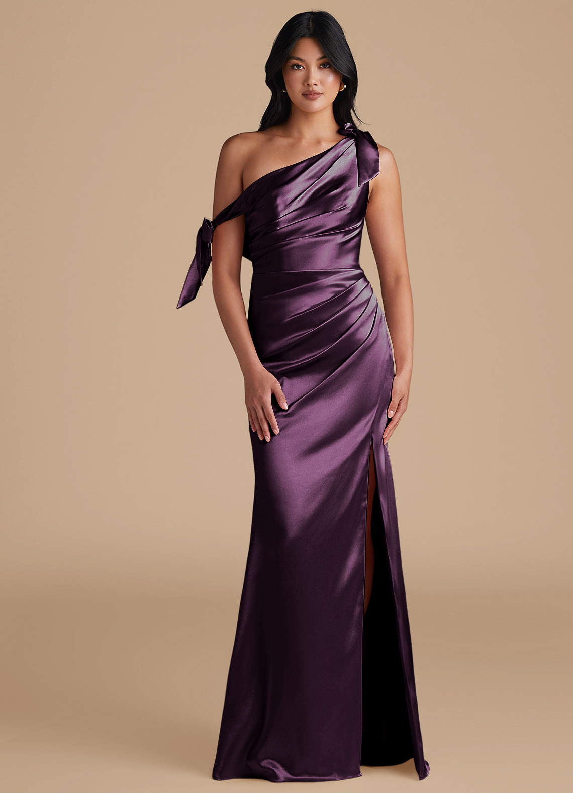Azazie Xyla Bridesmaid Dresses Plum Sheath Off the Shoulder Metallic Satin Convertible Dress image1