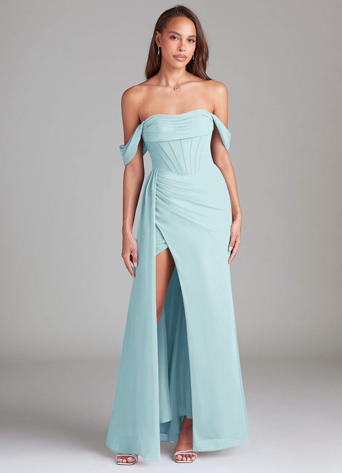 Azazie Amyra Bridesmaid Dresses Sea Glass Sheath Off the Shoulder Chiffon Convertible Dress image1
