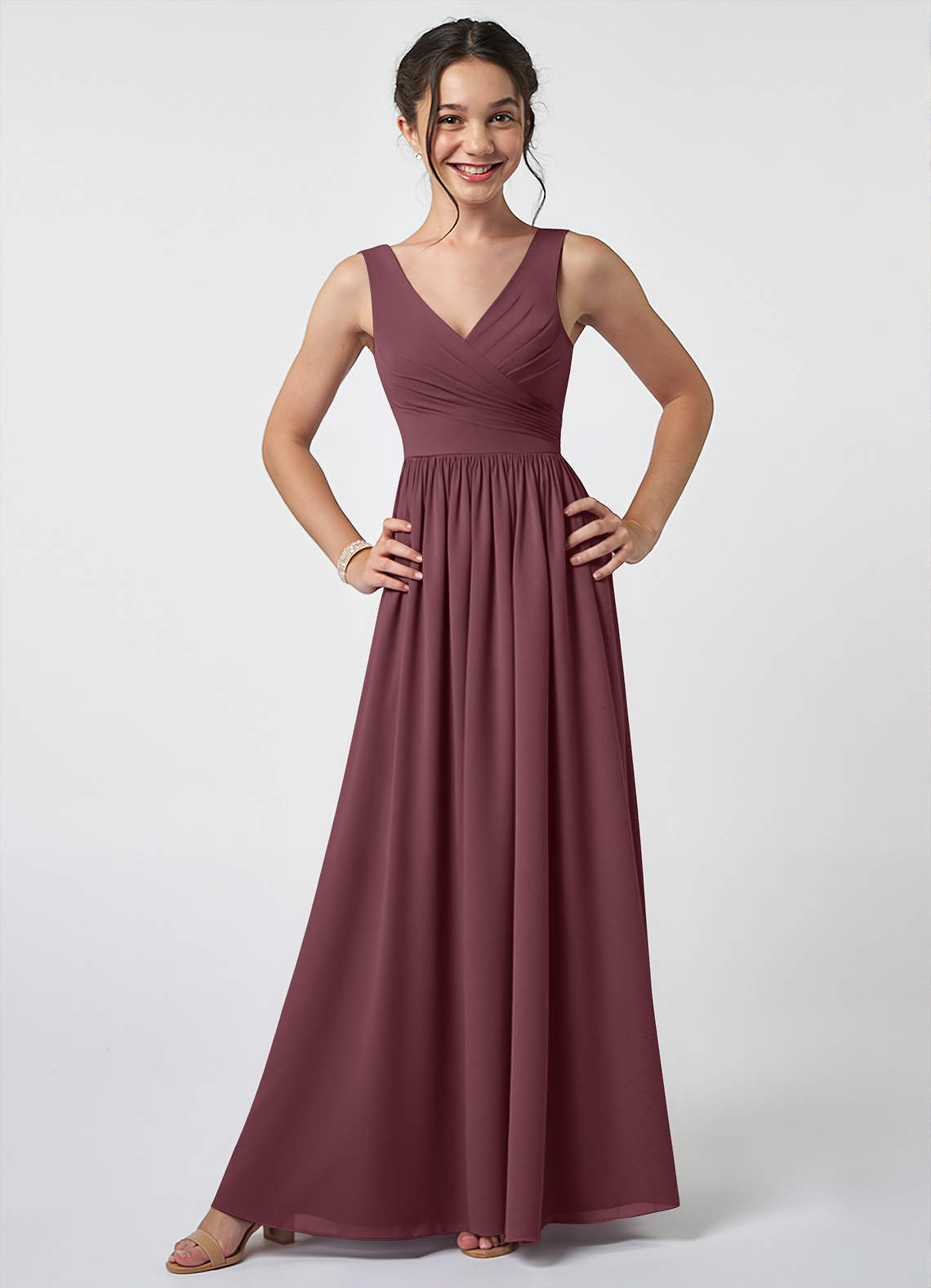 Azazie Keyla Junior A-Linie Plissee Chiffon Kleid Sangria image1