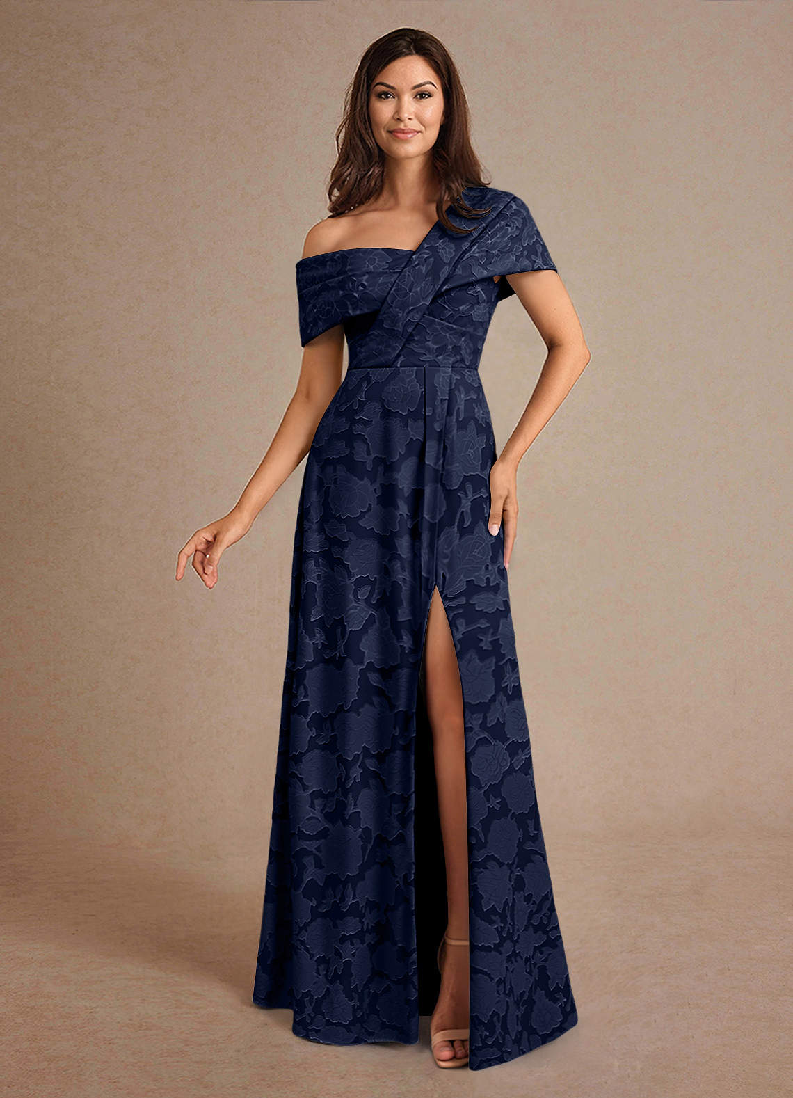 Azazie A-Line/Princess Asymmetrical Neckline Floor-Length Floral Burnout Mother of The Bride or Groom Dresses - Dark Navy
