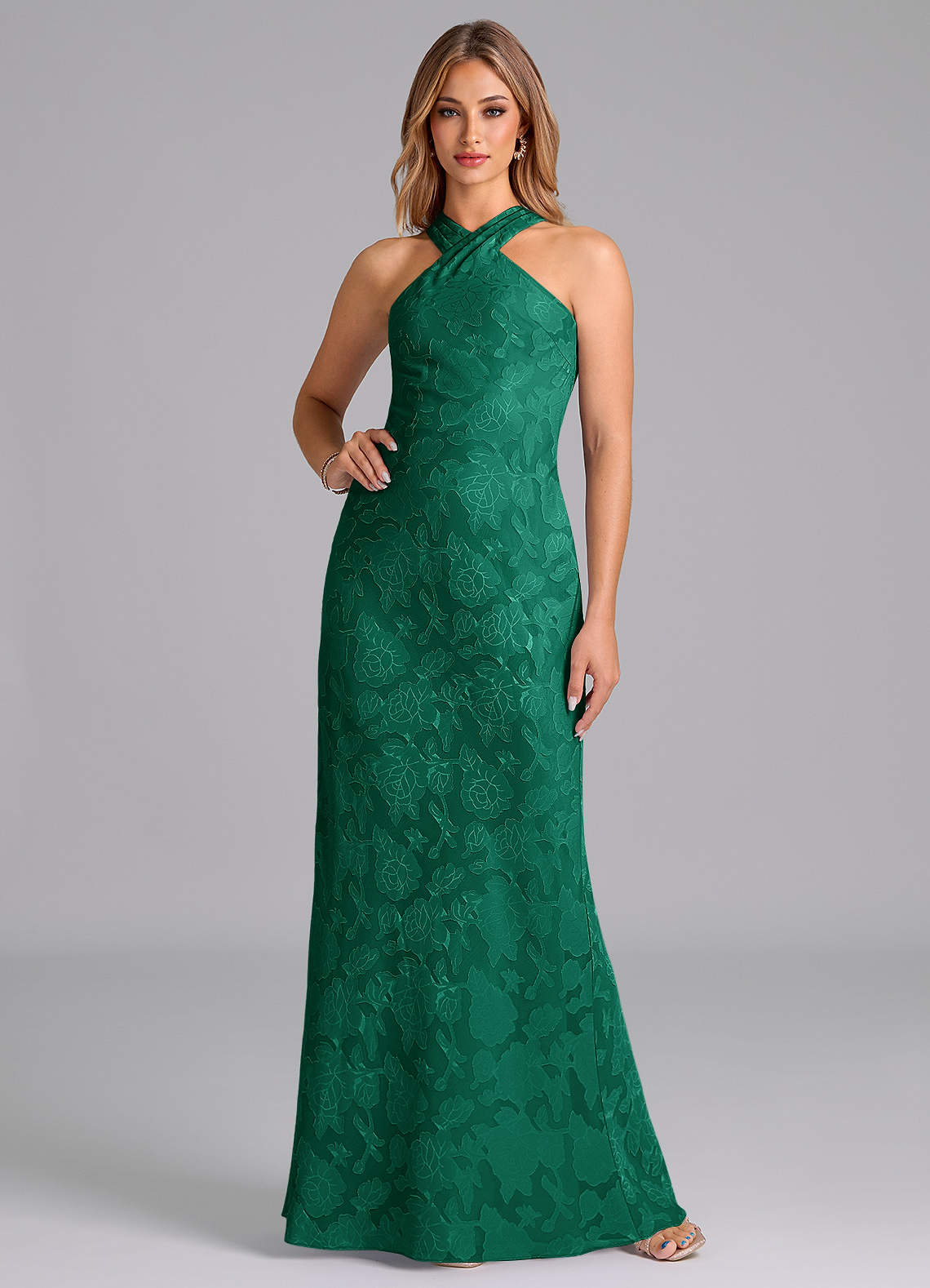 Azazie Doretta Bridesmaid Dresses Emerald Mermaid Pleated Floral Burnout Dress image1