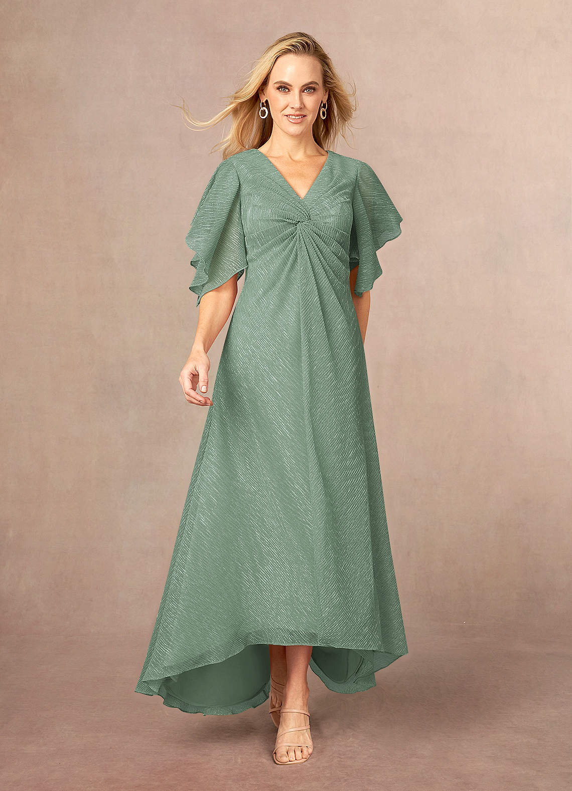 Azazie Mollina Kleider für die Brautmutter A-Linie Rüschen-Flatterärmel Metallisches Netz Kleid Aquamarin image1