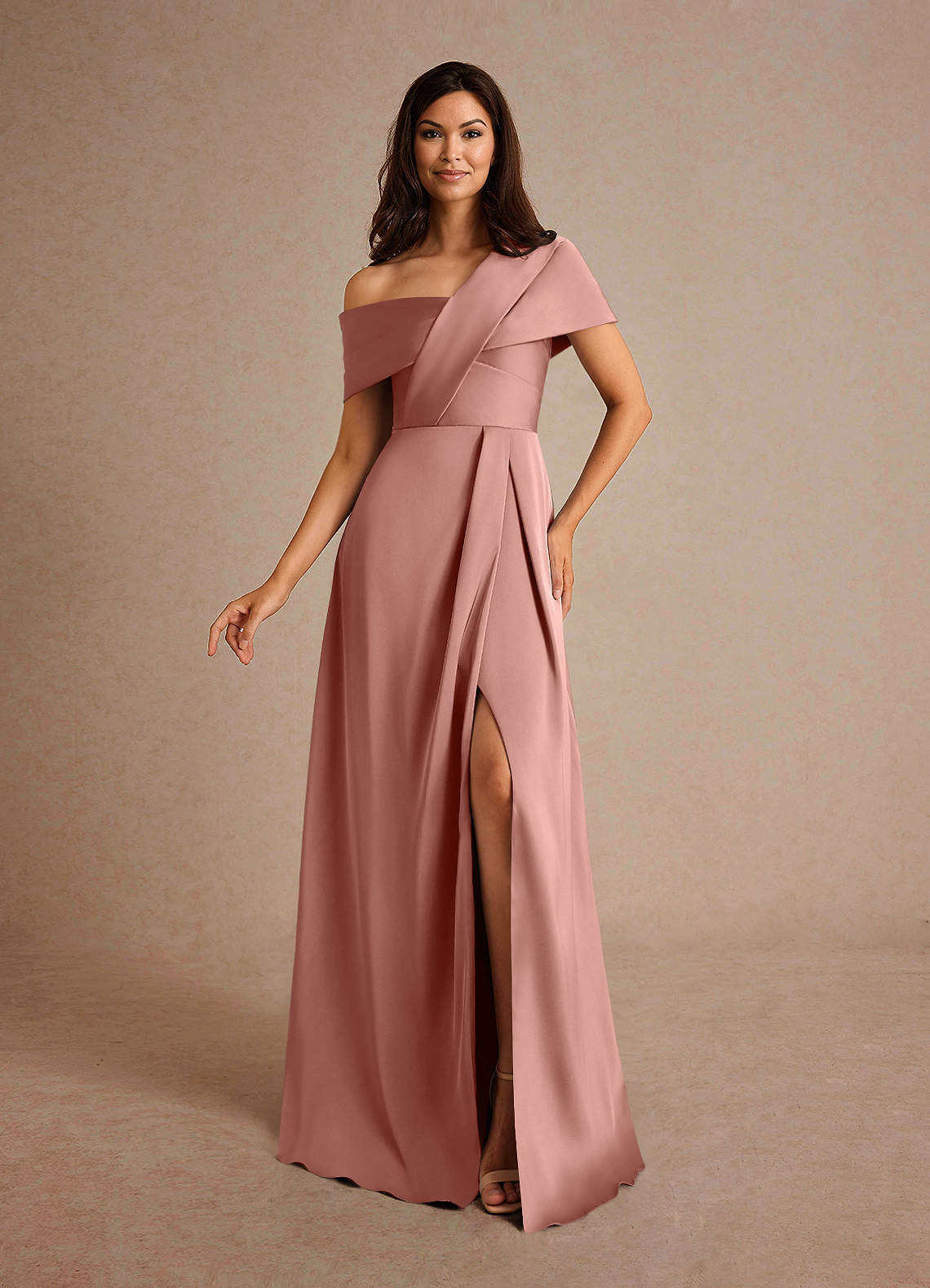 Azazie Milton Mother of the Bride Dresses Rosette A-Line Pleated Stretch Satin Dress image1