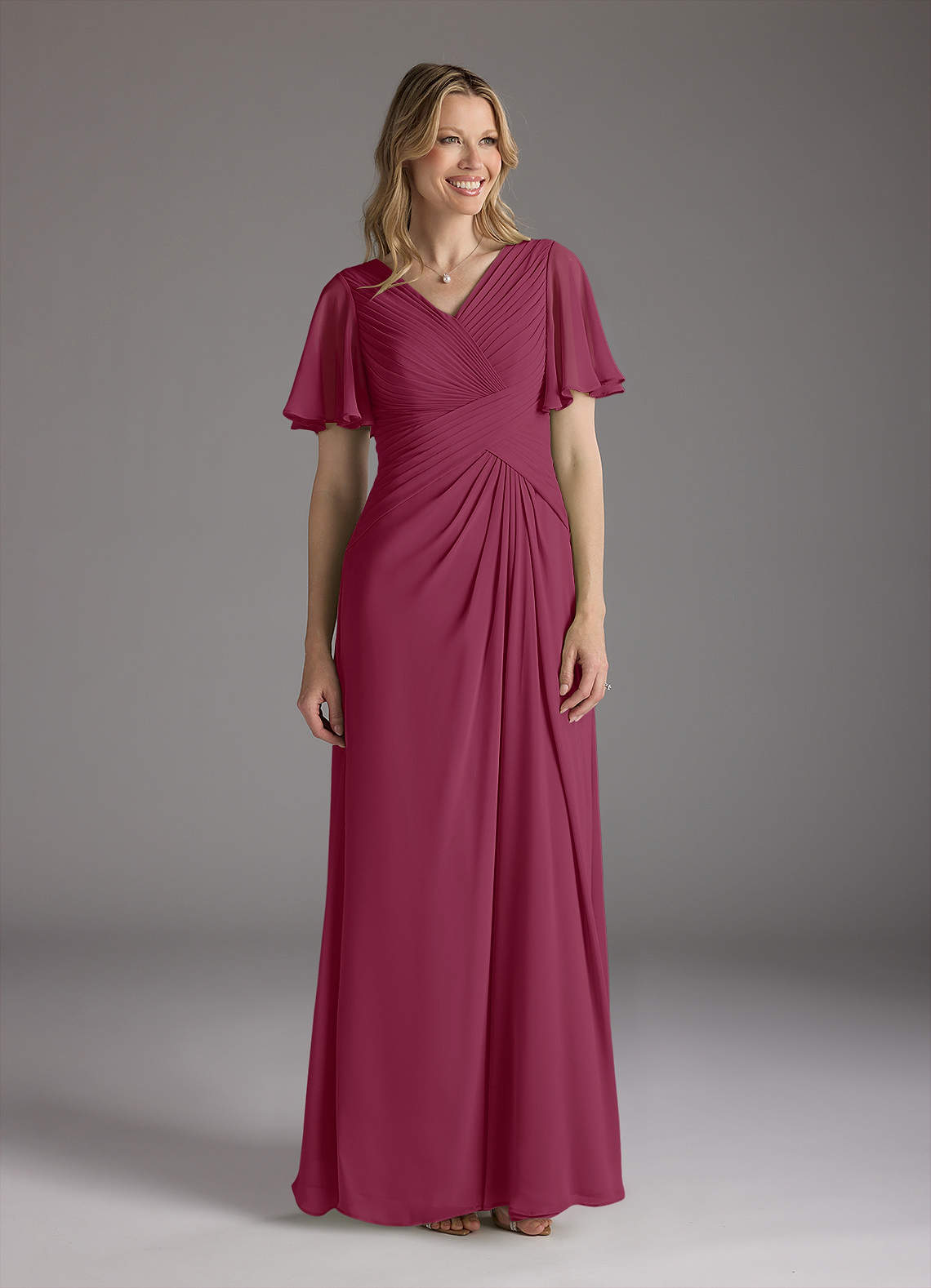 Azazie Morning Glory Mother of the Bride Dresses Mulberry A-Line V-Neck Ruched Chiffon Dress image1