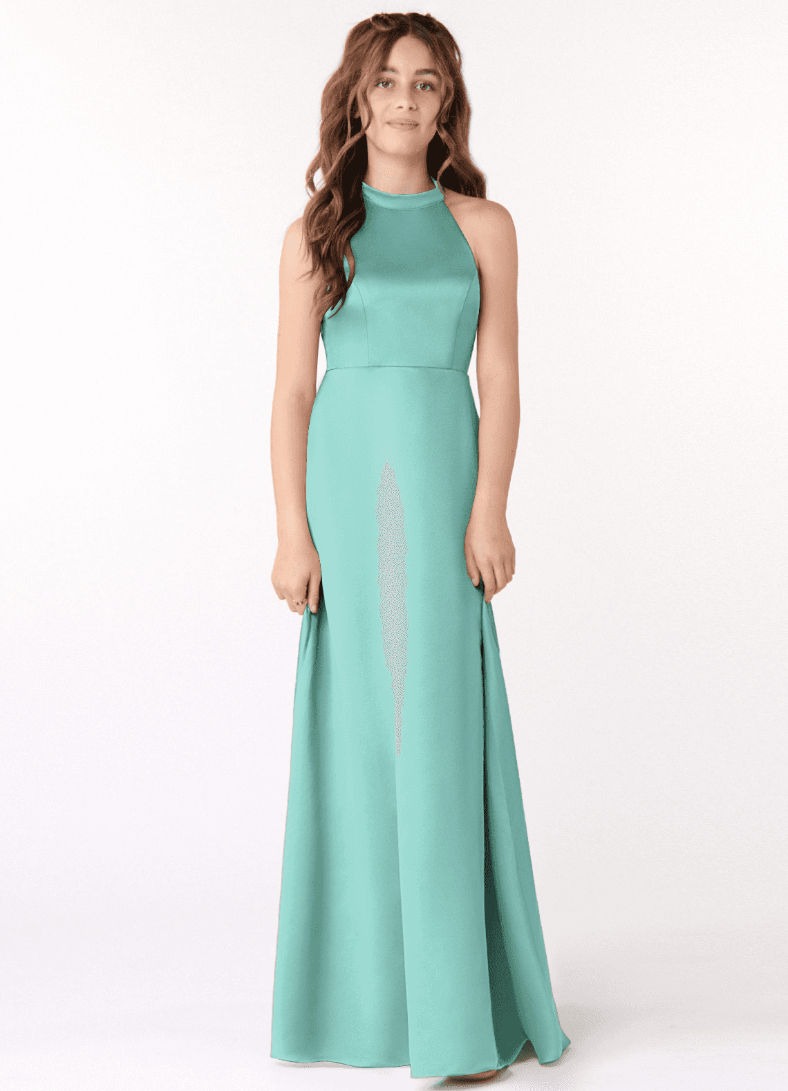 Azazie Laurel Junior Aqua A-Line Stretch Satin Dress image1