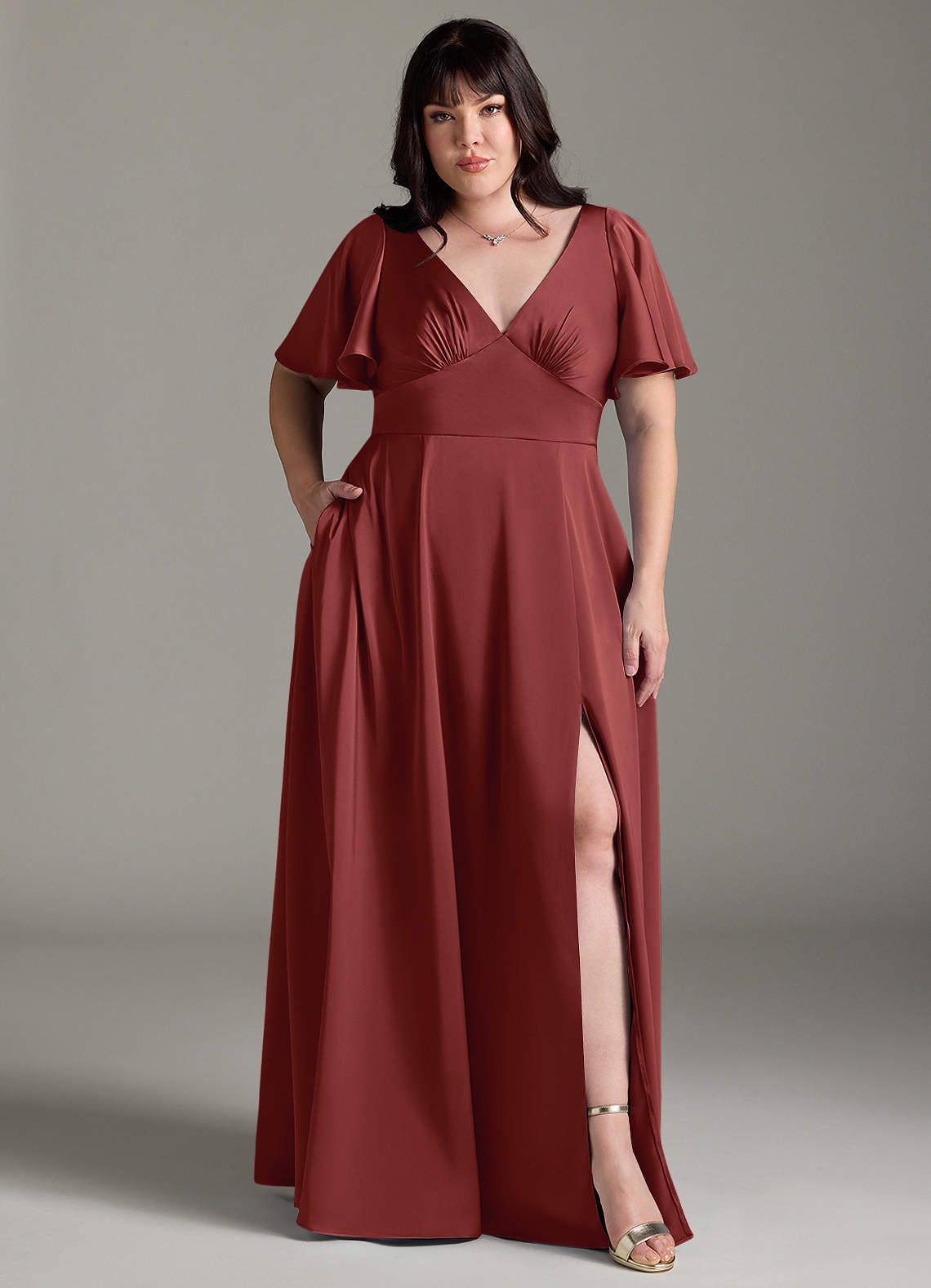 Azazie Kimber Robes de demoiselle d'honneur Robe Trapèze en Satin extensible Drapé Terracotta image1