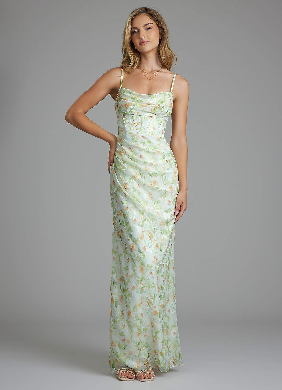 Azazie Mai Bridesmaid Dresses Green Watercolor Floral Sheath Pleated Watercolor Floral Dress image1