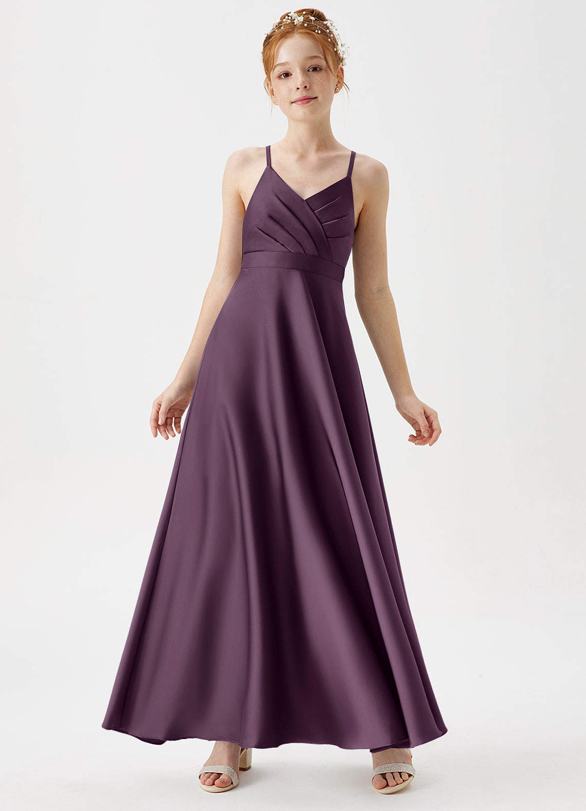 Azazie Avelina Junior Plum A-Line Pleated Stretch Satin Dress image1