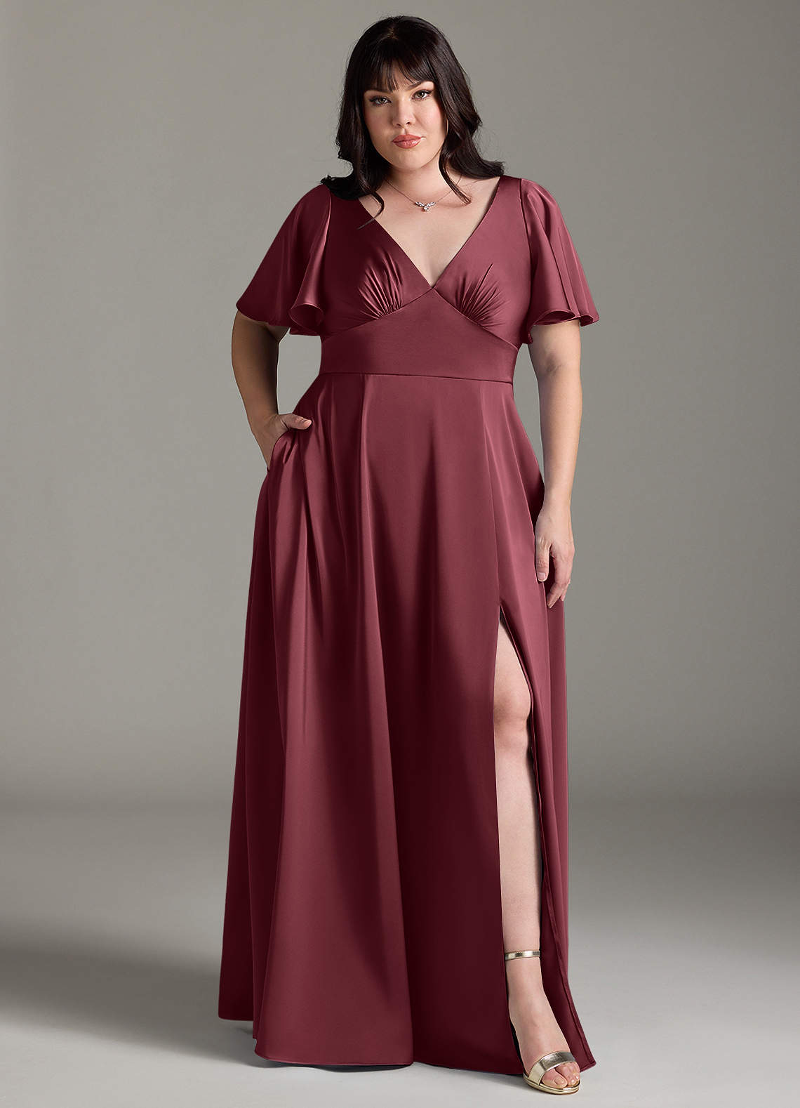 Azazie Kimber Brudtärnklänningar Klänning av A-Line i Stretch Satin Ruched Merlot image1