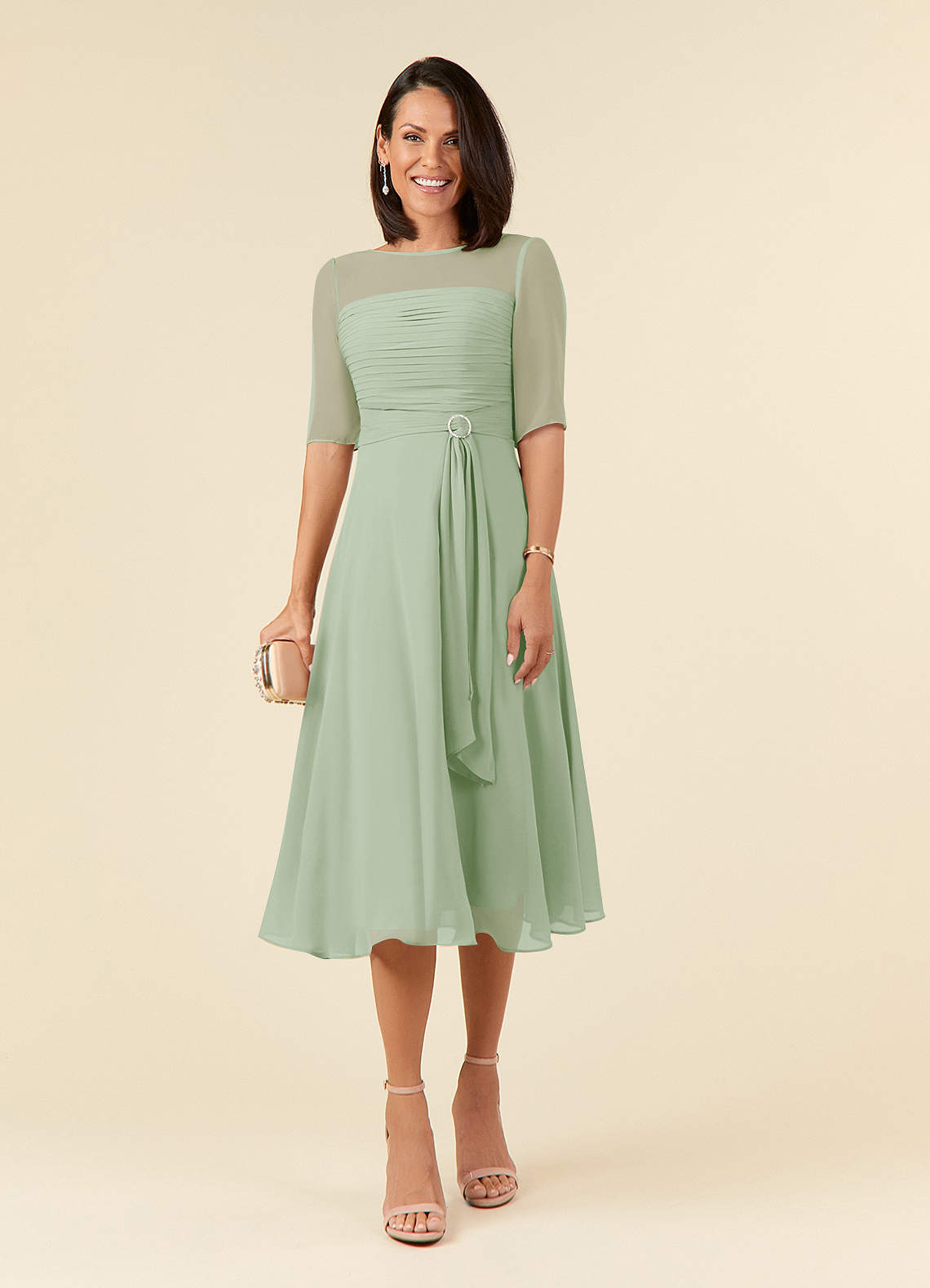 Azazie Naomi Mother of the Bride Dresses Dusty Sage A-Line Boatneck Pleated Chiffon Dress image1