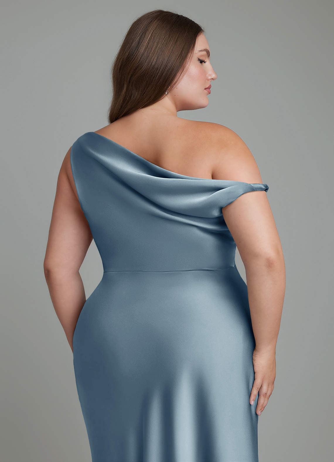 Azazie Emerson Bridesmaid Dresses Dusty Blue Mermaid Off the Shoulder Stretch Satin Dress image12