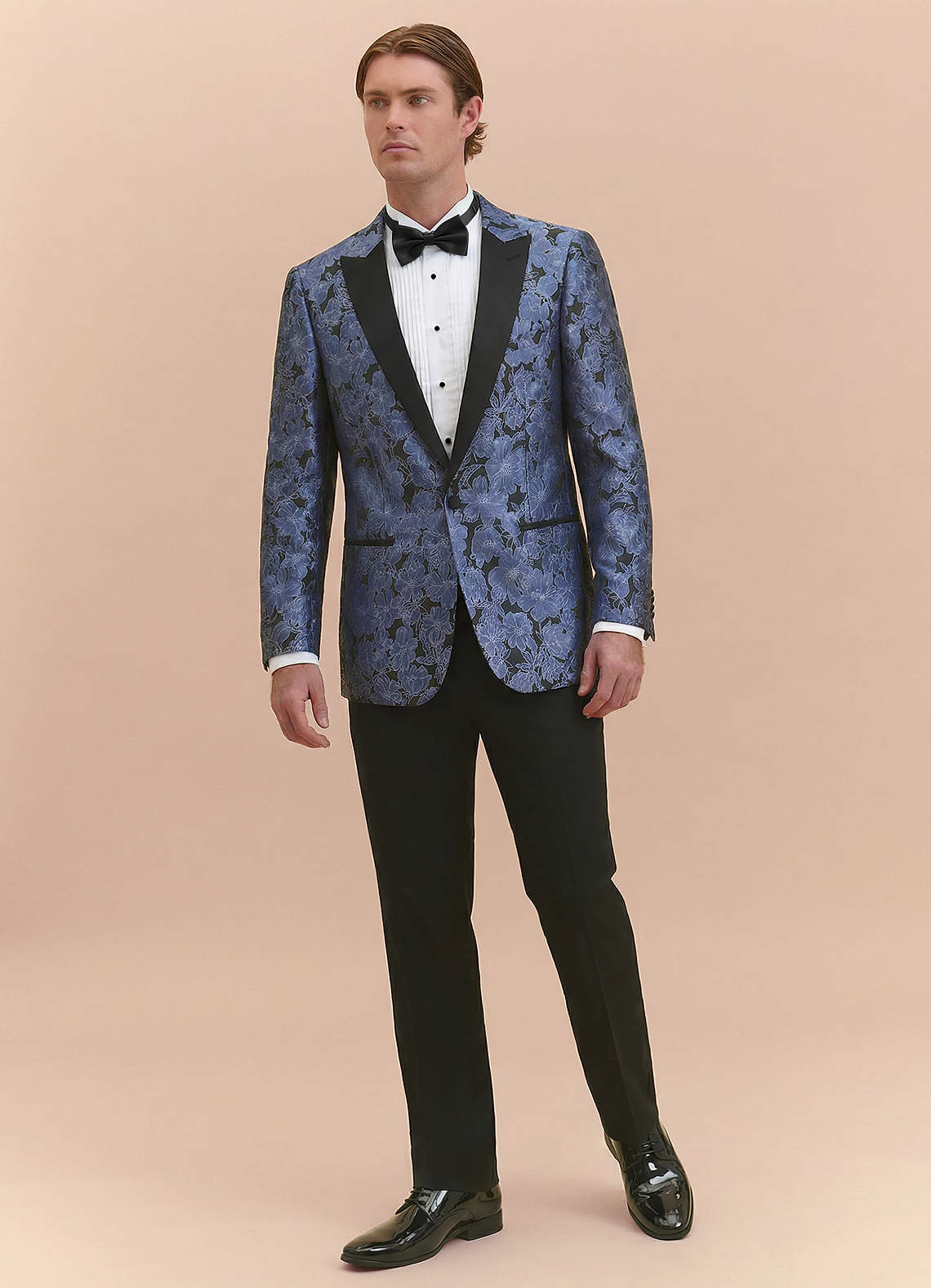 front Samuel Dusty Blue Floral Jacquard Peak Lapel Tuxedo Jacket