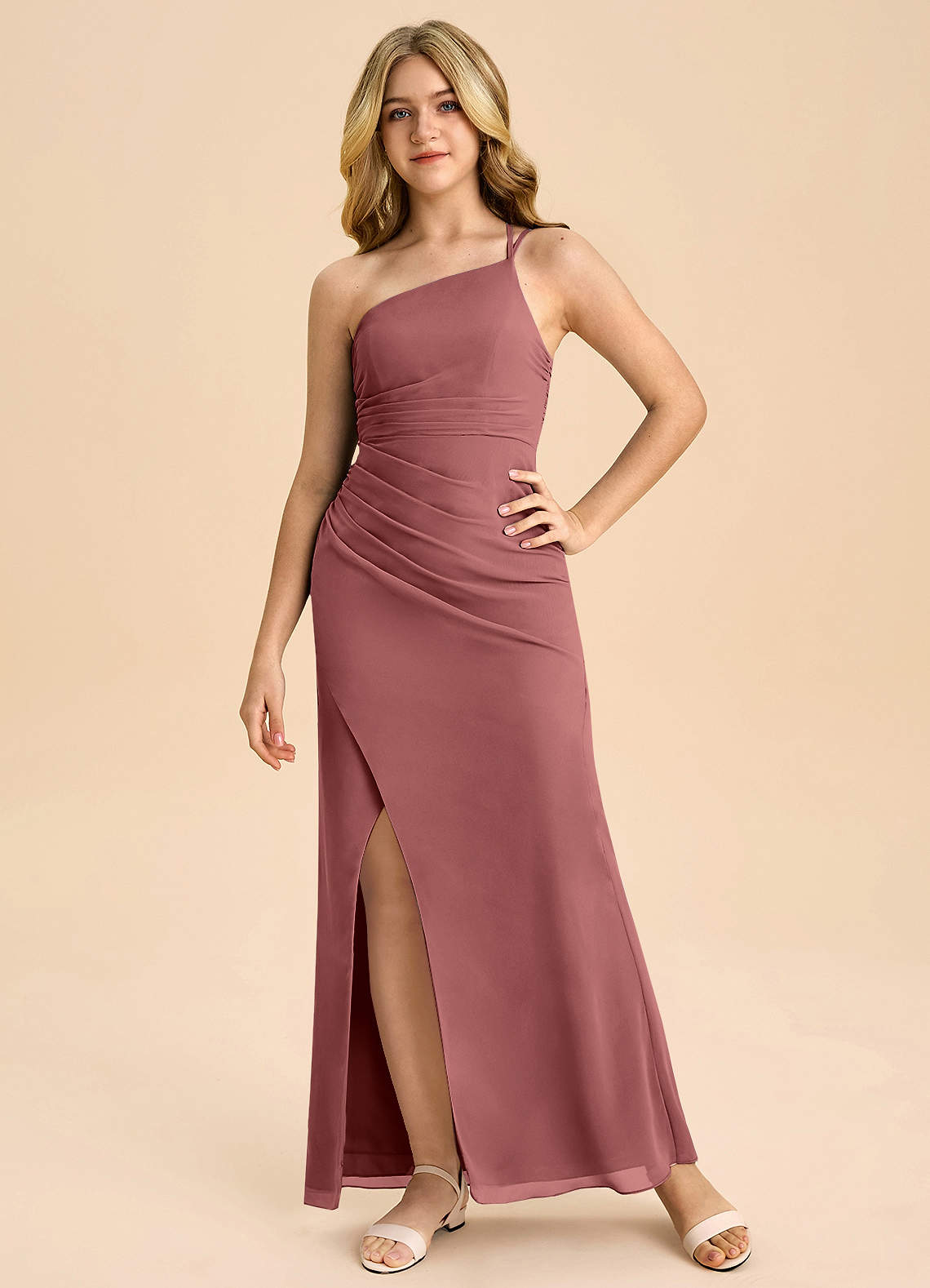 Azazie Eren Junior Vestido Ametista de Chiffon de Linha A com Plissado image1