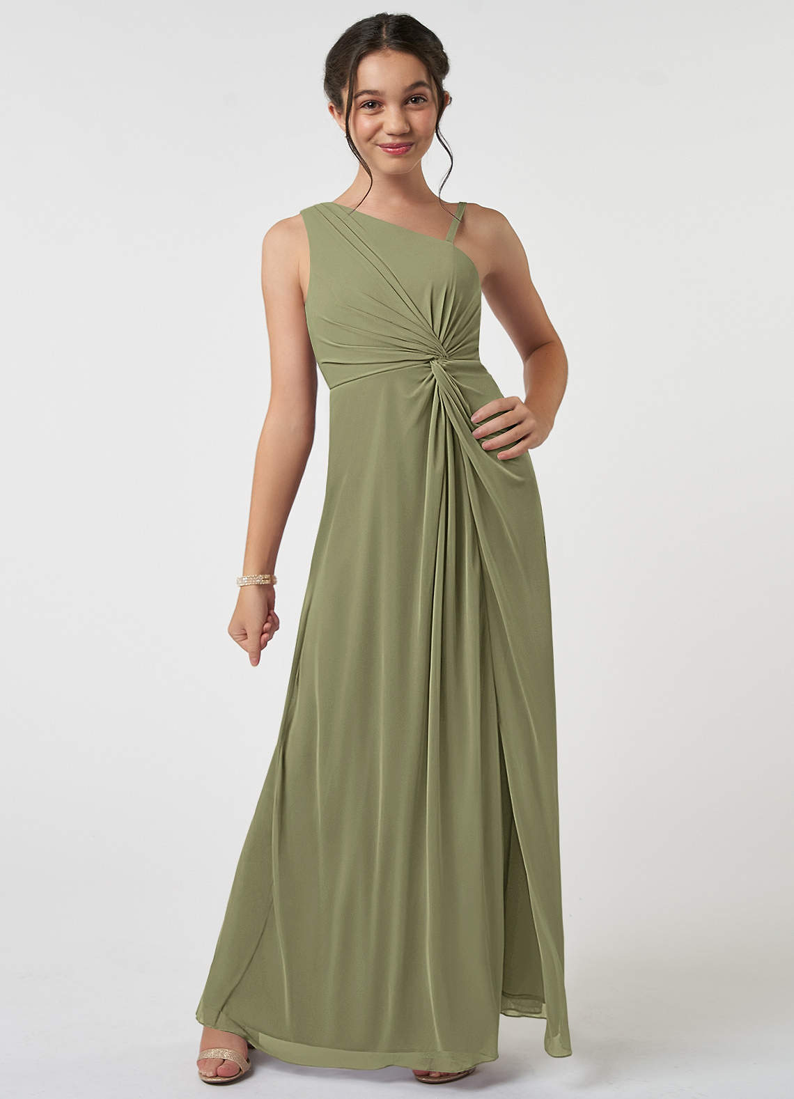 Azazie Brooke Junior Abito A-Line in Maglia Plissettato Pistacchio image1
