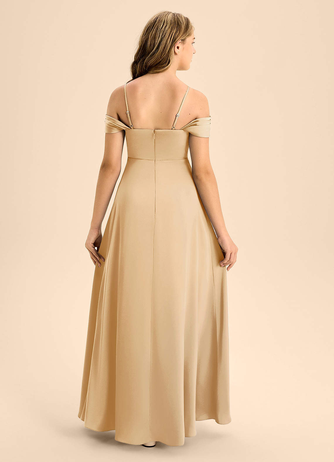 Azazie Anselie Junior Gold A-Line Off the Shoulder Stretch Satin Dress image1