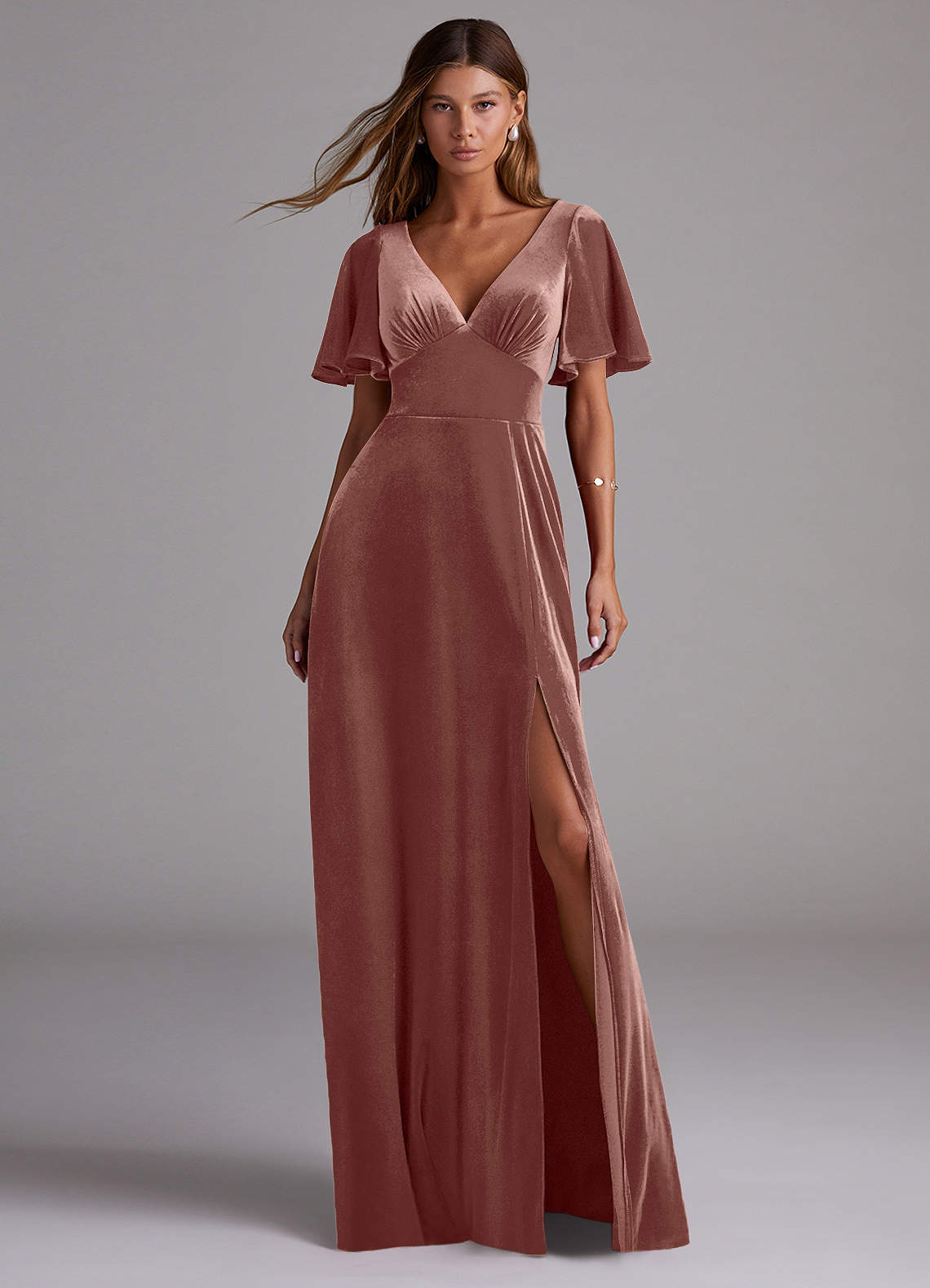 Azazie Kimber Bridesmaid Dresses Rustic Rose A-Line with Pockets Velvet Dress image1