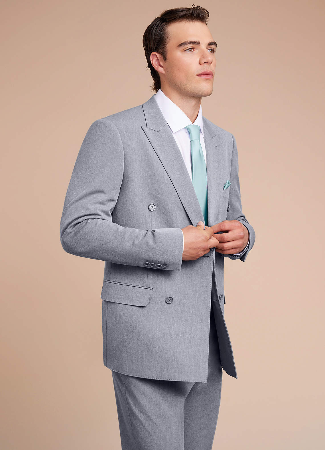 front Collins Grey Double Breasted Wool Blend Suit Jacket