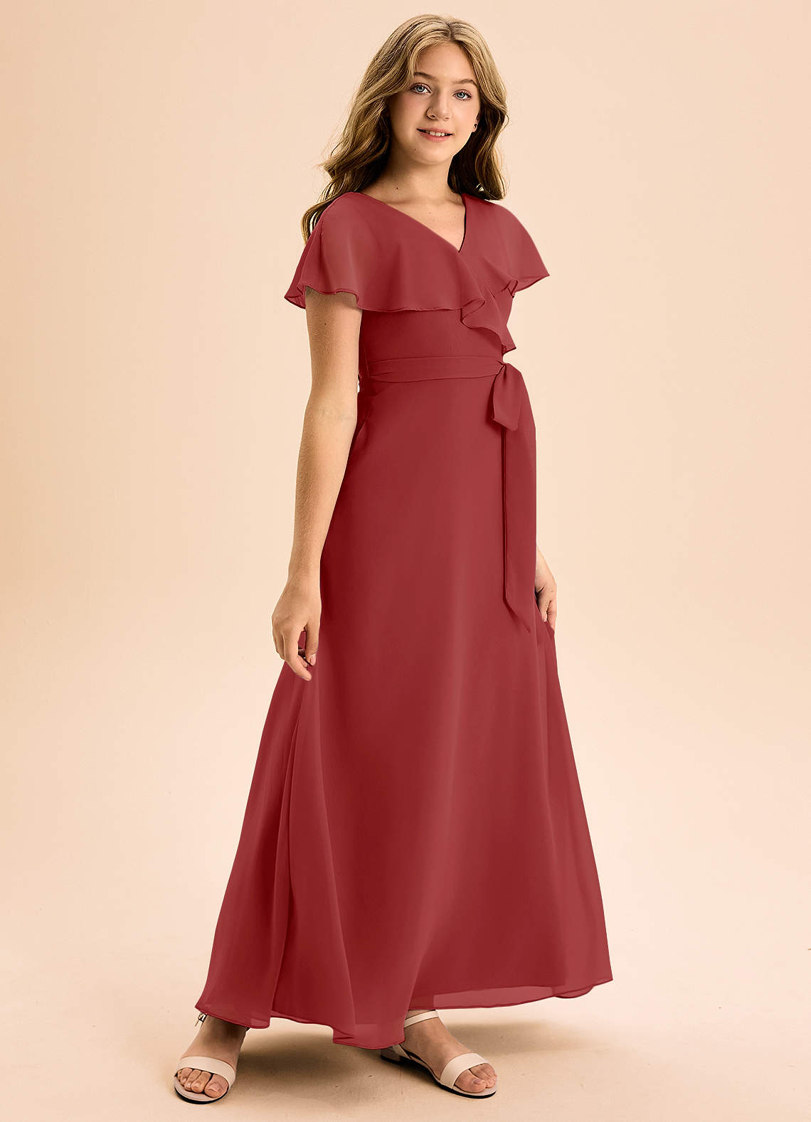 Azazie Lainey Junior Abito A-Line in Chiffon Con Tasche Ruggine image1