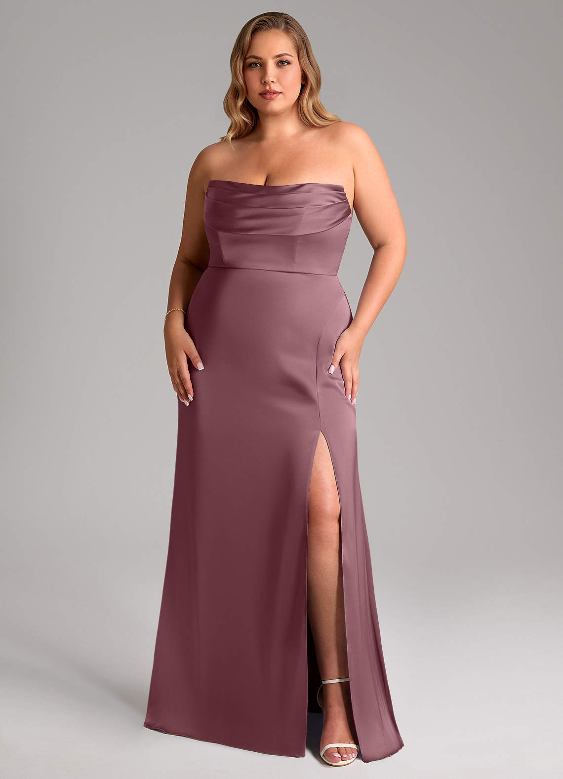 Azazie Saige At-home Try On Dresses Amethyst Sheath Off the Shoulder Stretch Satin Dress image10