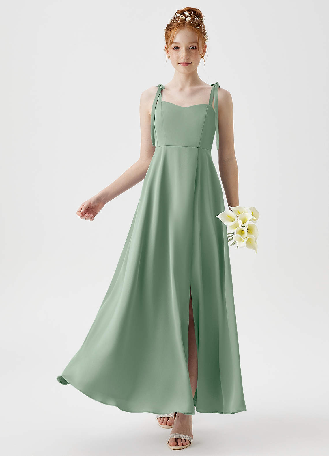 Azazie Rosey Junior Agave A-Line Sweetheart Neckline Stretch Satin Dress image1