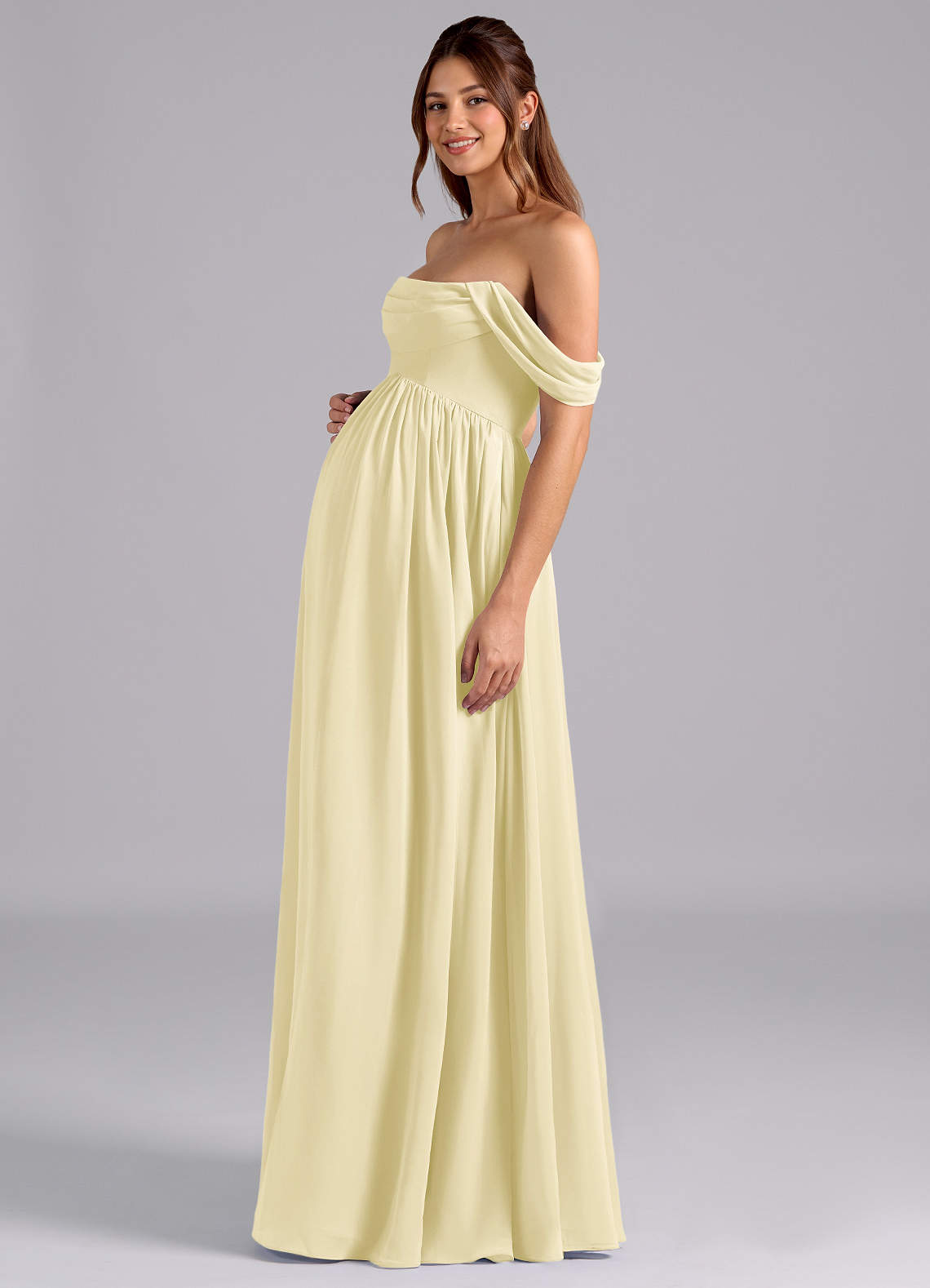 Azazie Saige Robes de demoiselle d'honneur de maternité Robe Trapèze Plissée Longueur ras du sol Mousseline de soie image4