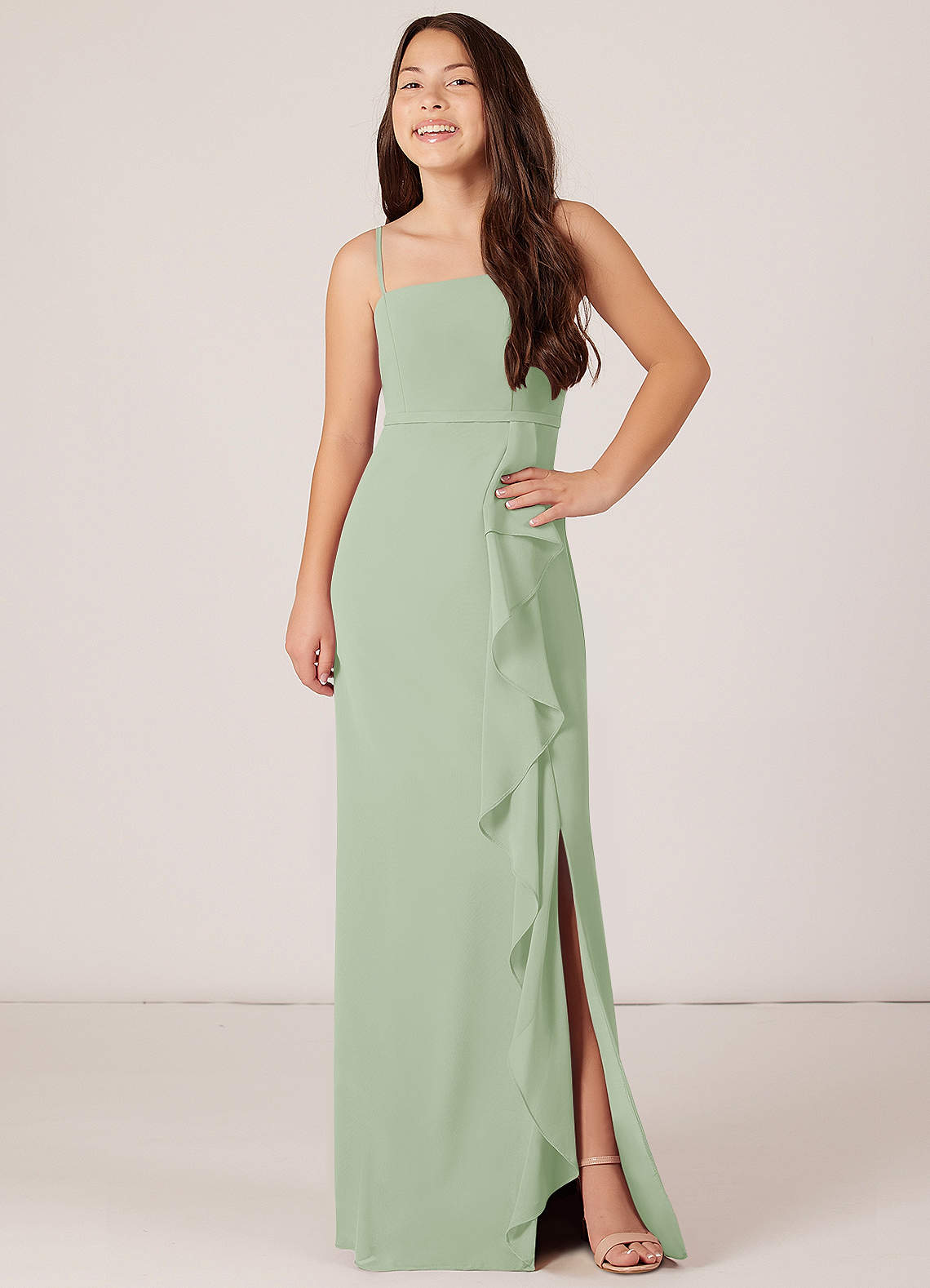 Simple Sheath Sage Green Floor Length Bridesmaid Dresses With Side Slit,  MBD175