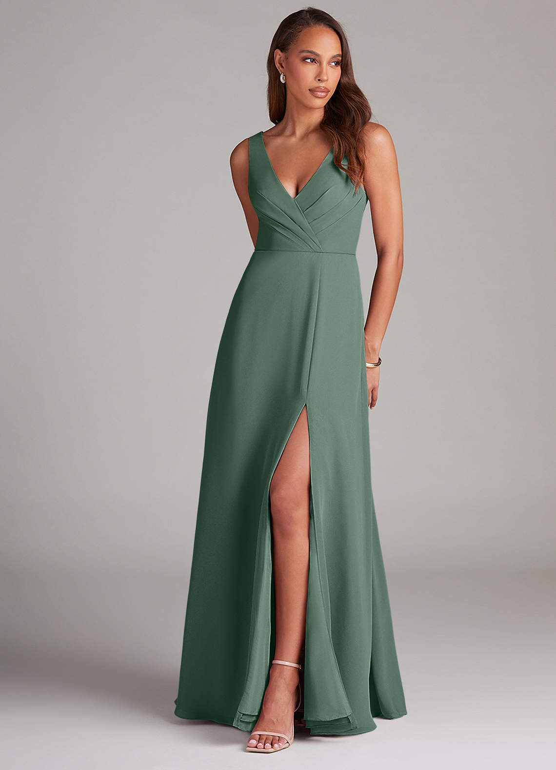 Azazie Nelly Bridesmaid Dresses Eucalyptus A-Line Pleated Chiffon Dress image1