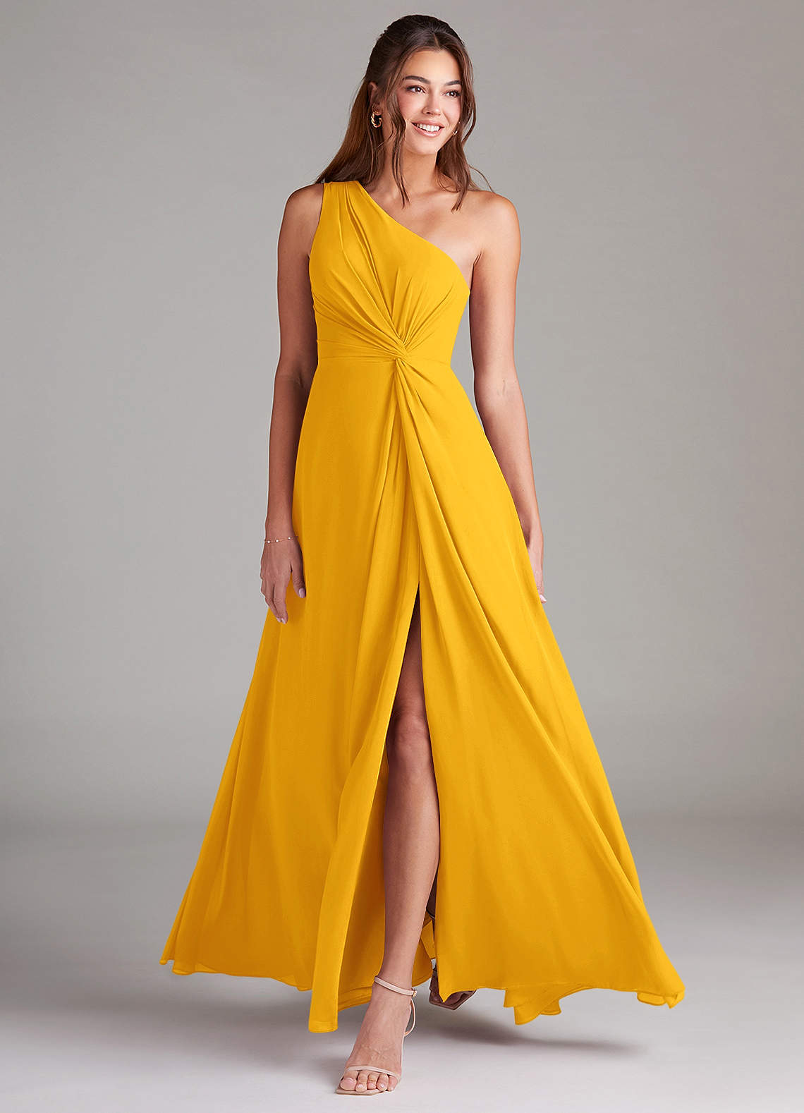 Azazie Brooke Bridesmaid Dresses Marigold A-Line One Shoulder Chiffon Dress image2