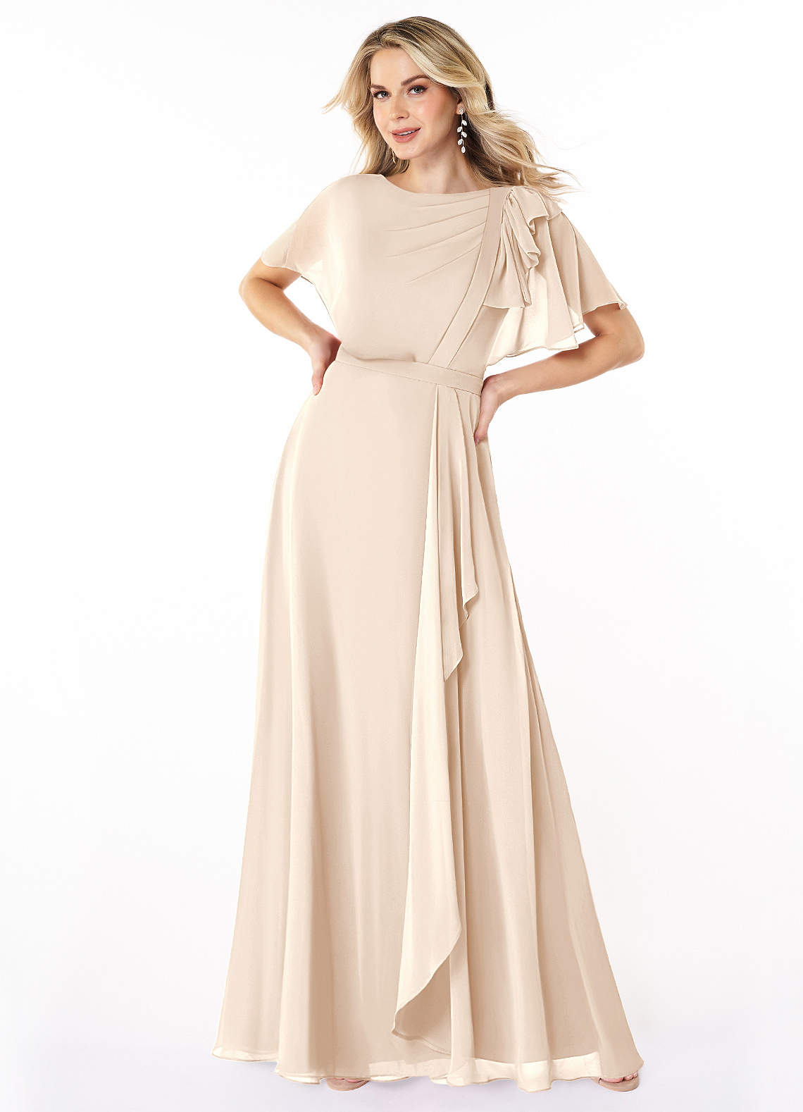 Azazie Aaliyah Modest Bridesmaid Dresses A-Line Scoop Pleated Chiffon Floor-Length Dress image1