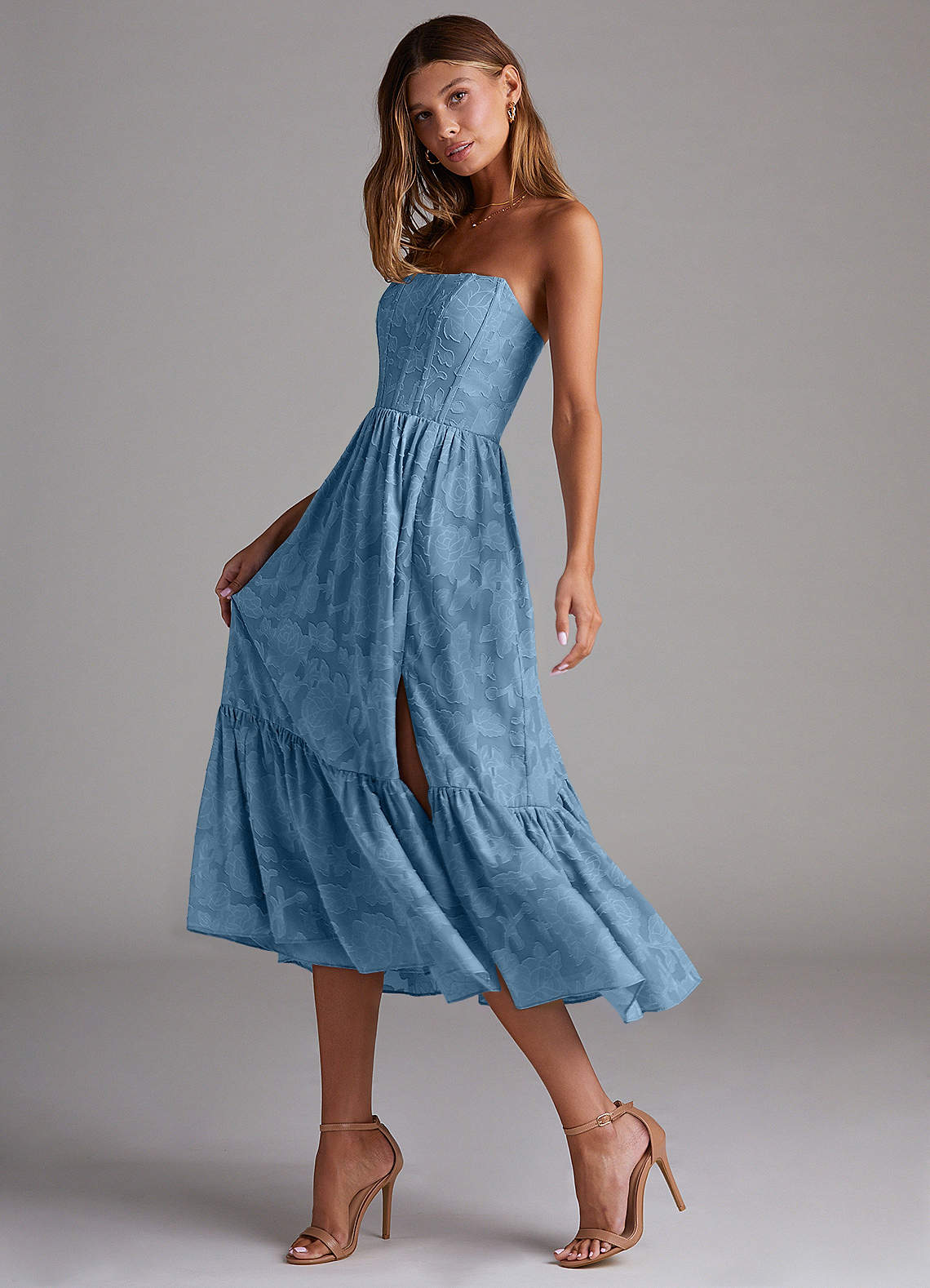 Azazie Delphina Bridesmaid Dresses Steel Blue A-Line Strapless Floral Burnout Convertible Dress image4