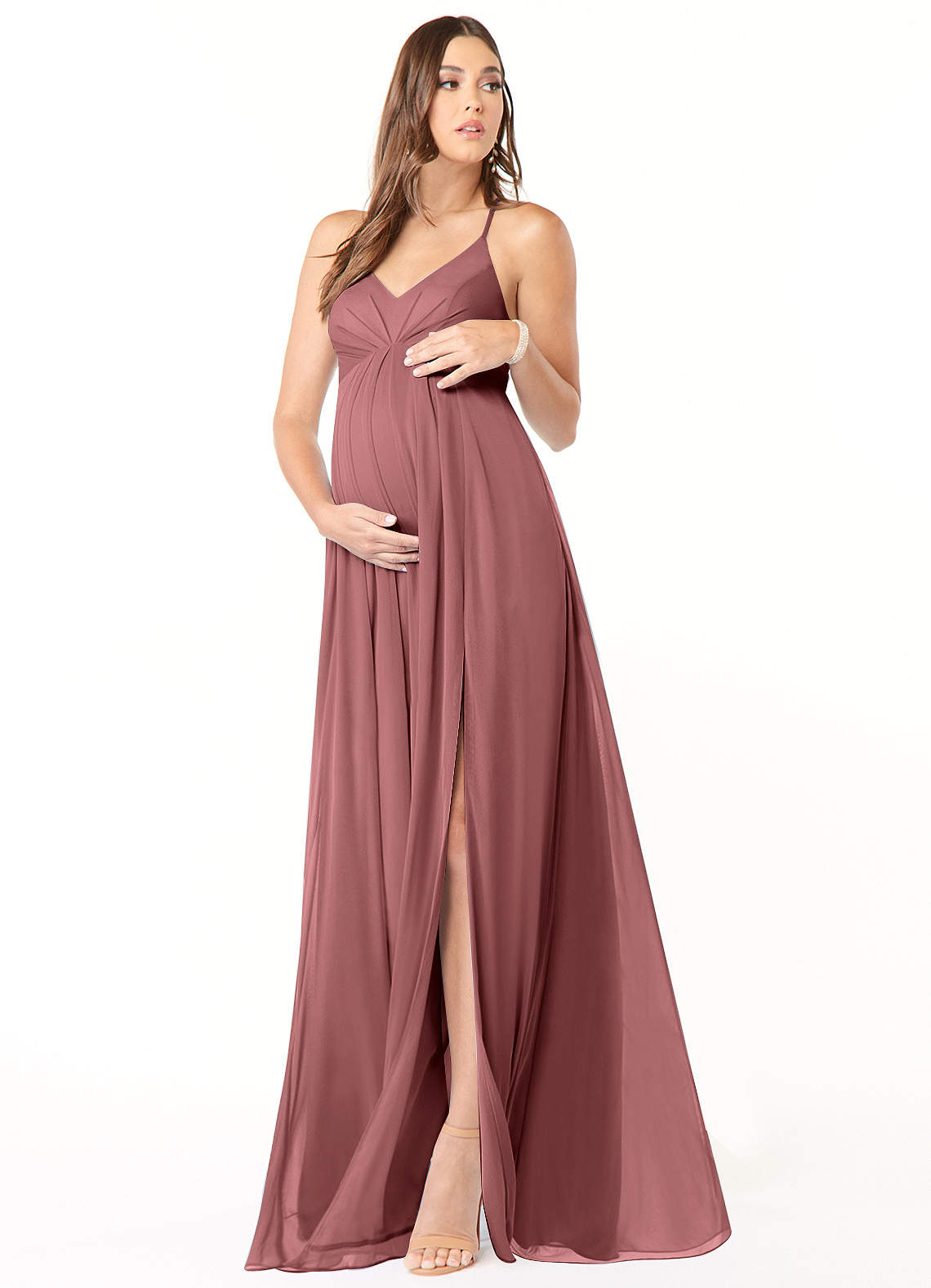 Azazie Annabelle Maternity Bridesmaid Dresses A-Line V-Neck Pleated Mesh Floor-Length Dress image1